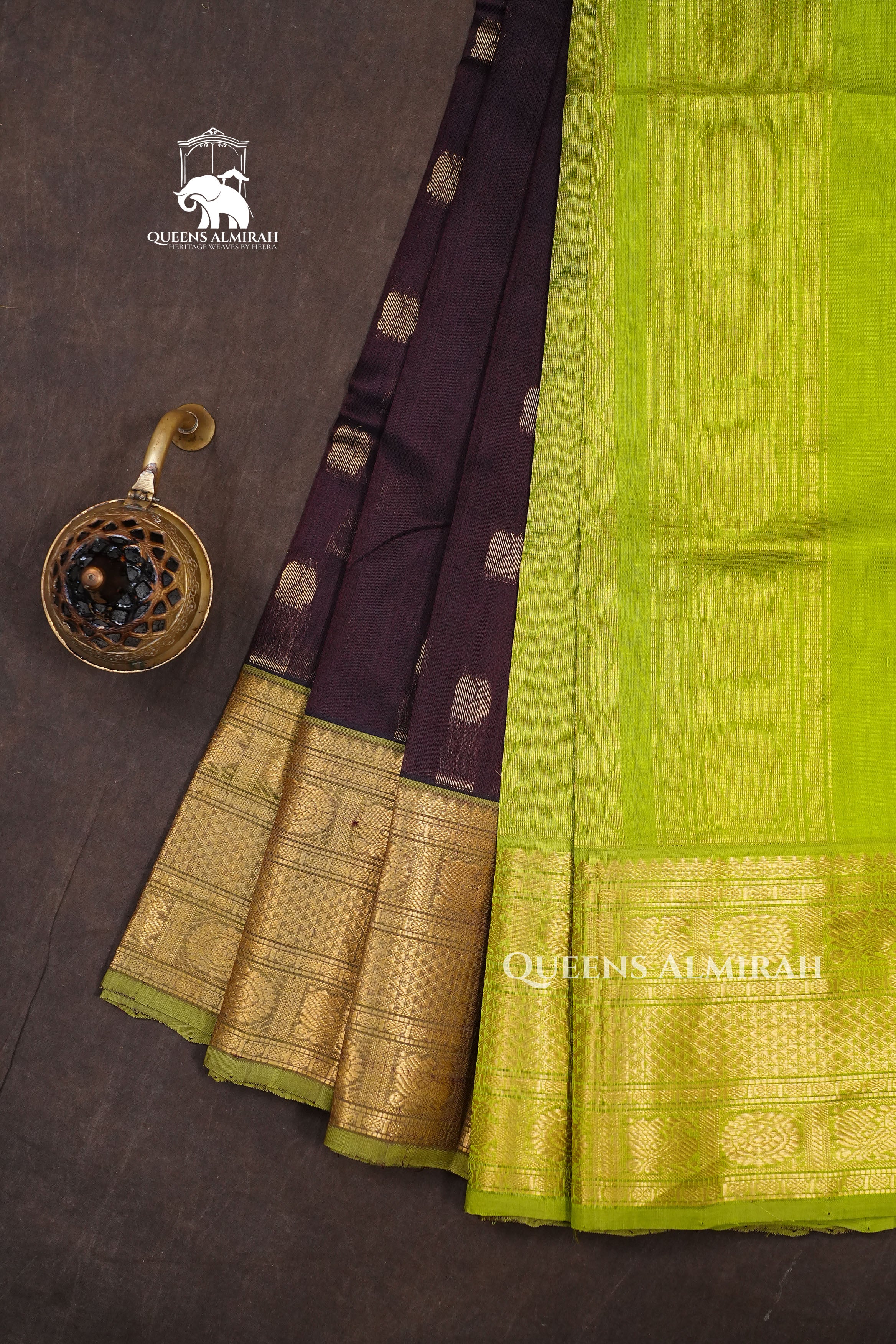 Cocoa Bean With Green Pure Silk Cotton Saree