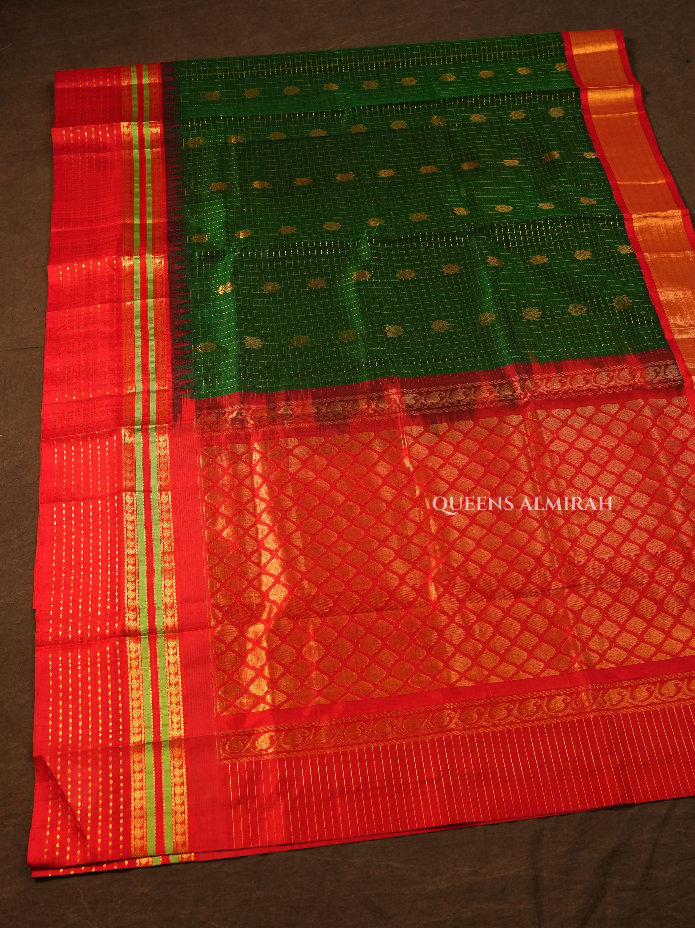 Emerald Green With Red Pure Silk Cotton Saree