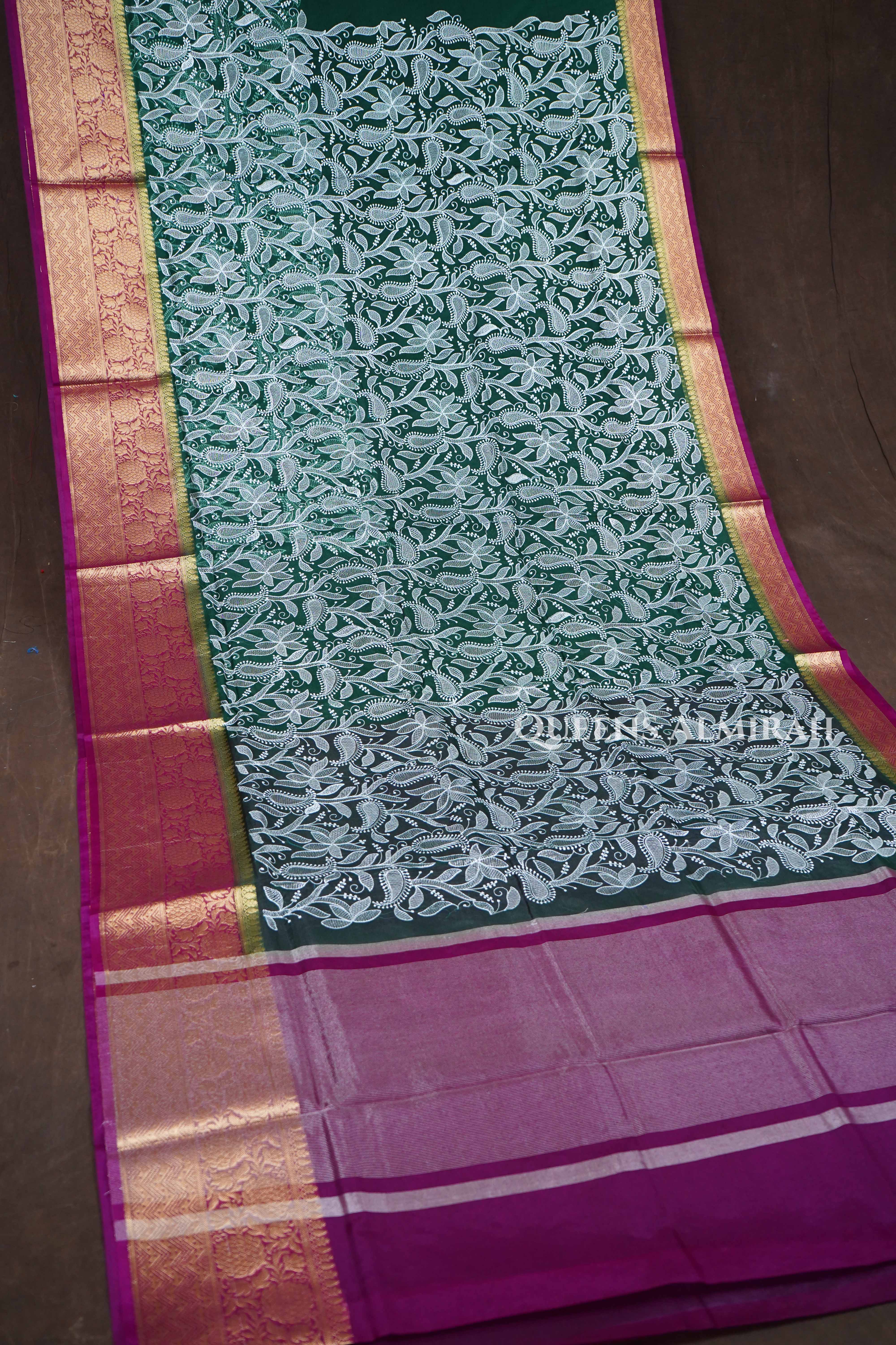Dark Green With Purple Semi Banarasi Silk Saree