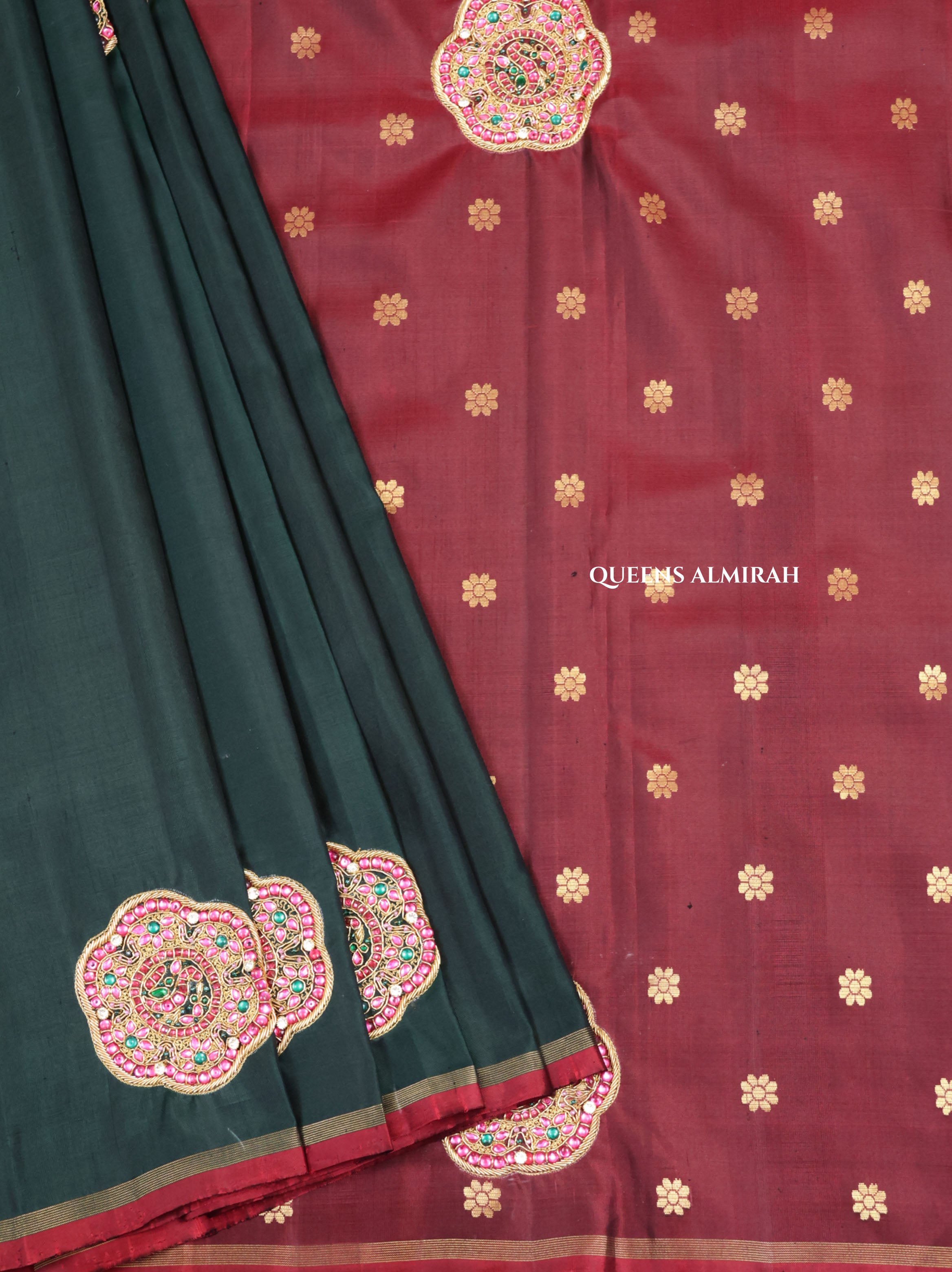 Meenakshi Green With Maroon Rakkadai Designer Silk Saree