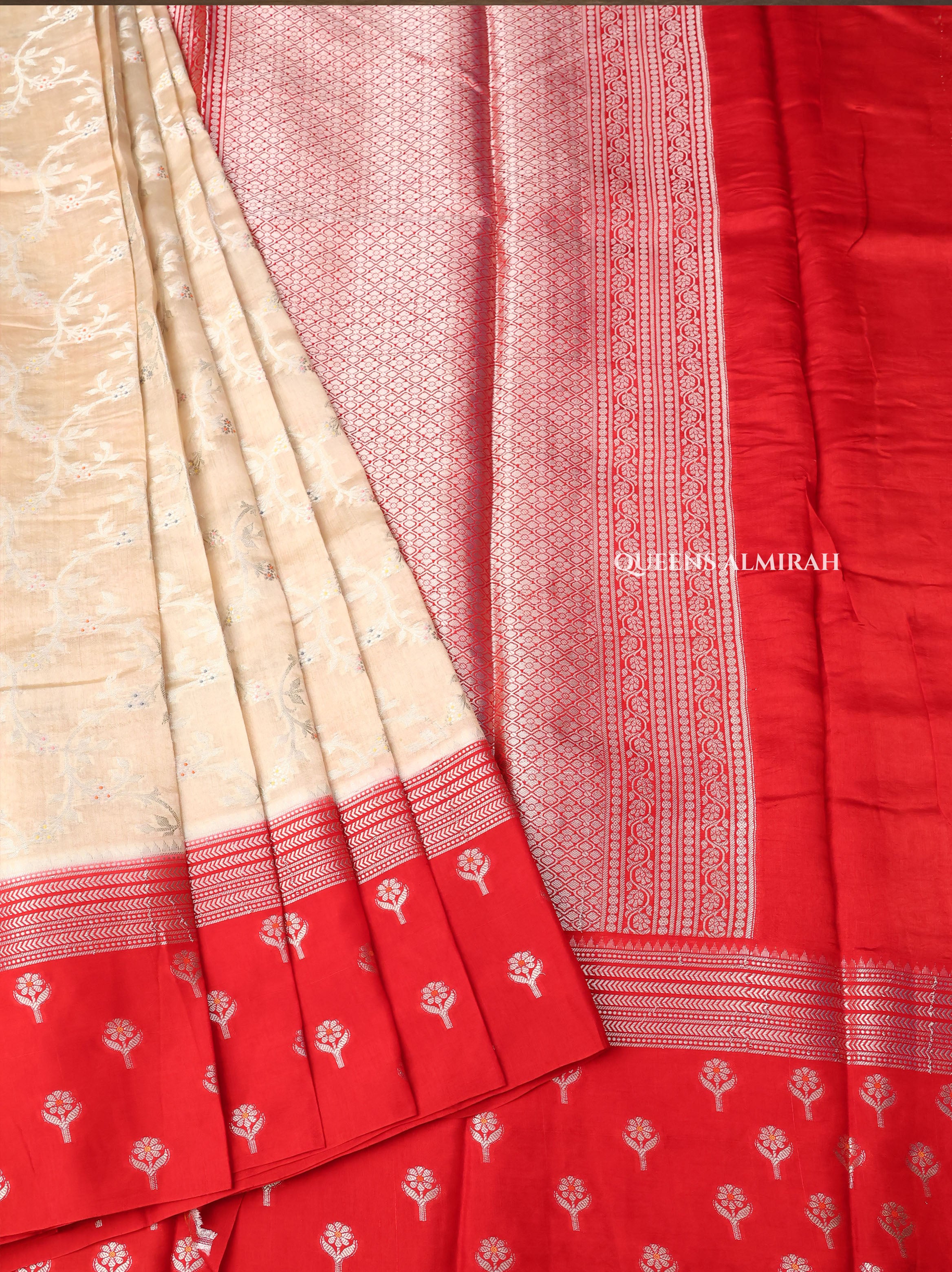 Beige With Red Semi Banarasi Silk Saree