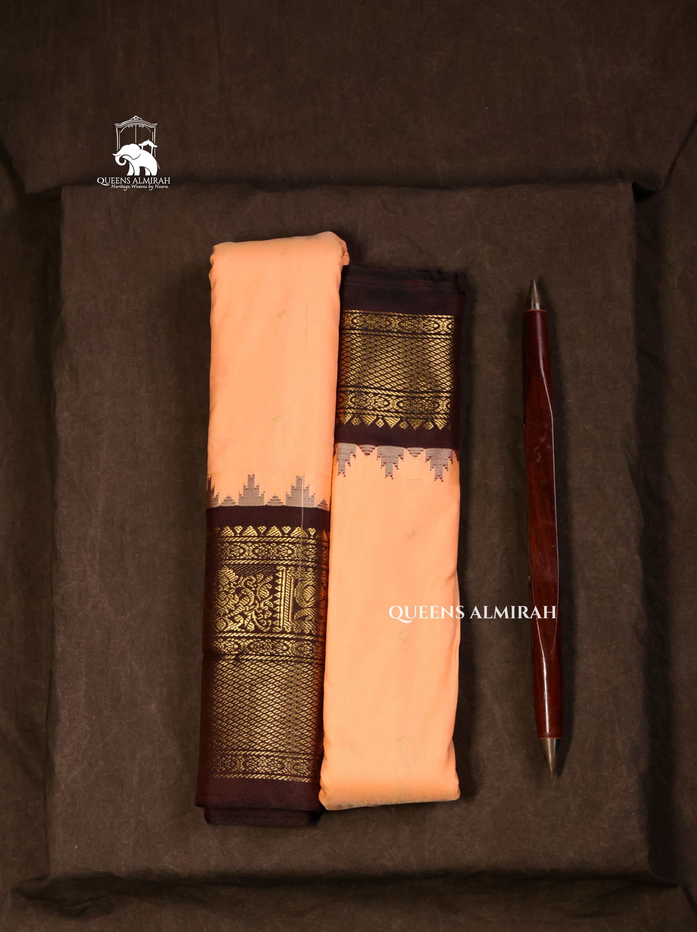 Peach With Brown Semi Gadwal Silk Saree