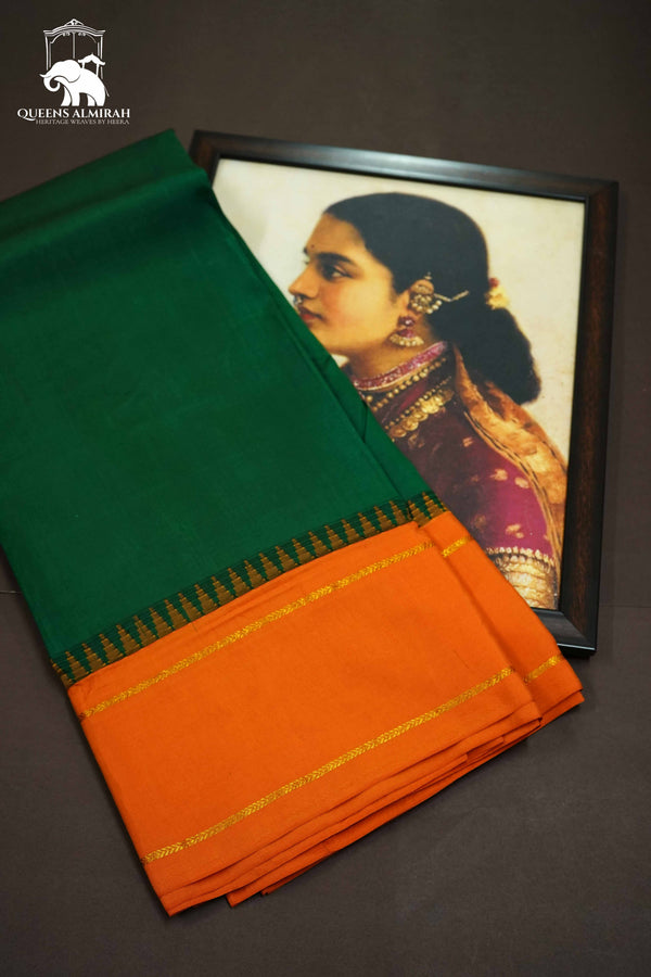FOREST GREEN WITH ORANGE MULBERRY SILK SAREE - Queens Jewel Emporium