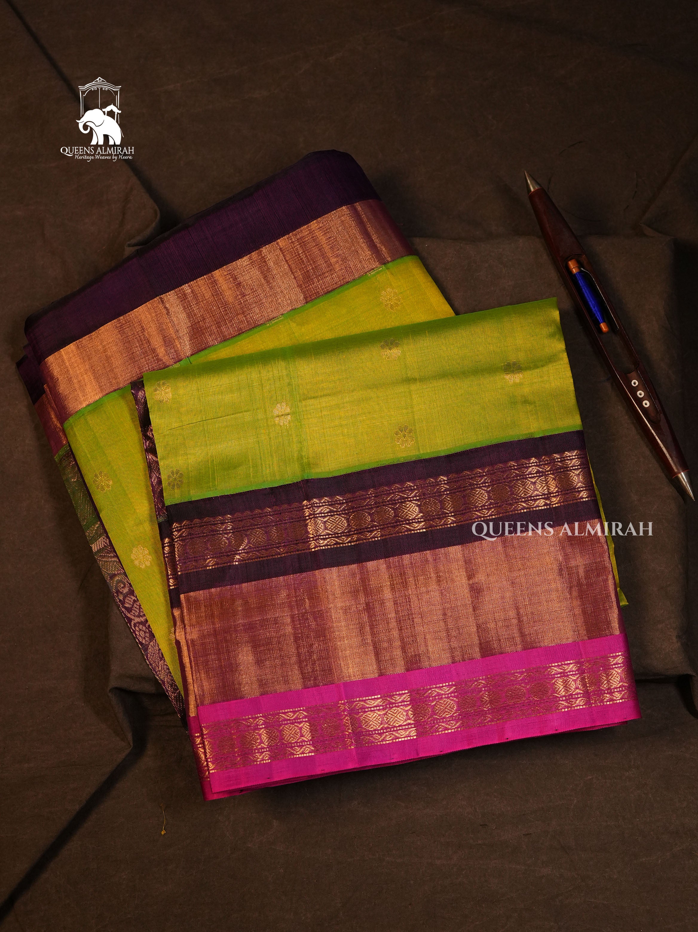 Green With Pink And Purple Border Pure Silk Cotton Saree