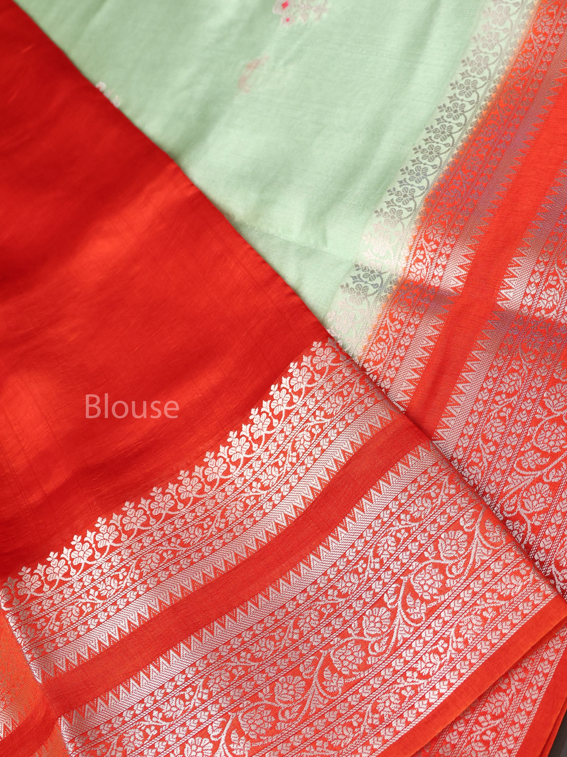 Pastel Green With Red Semi Banarasi Silk Saree