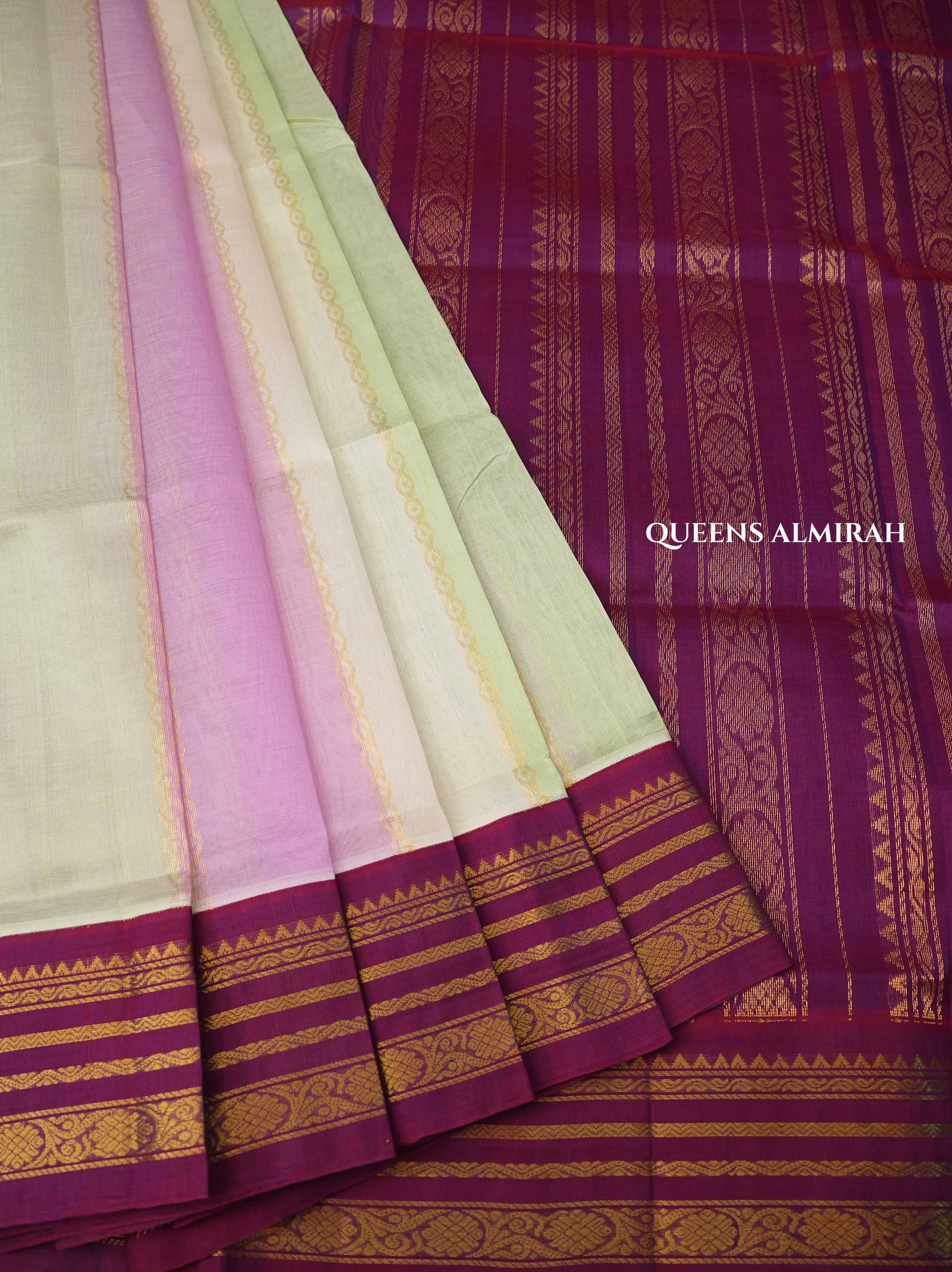 Pastel Shades With Purple Varisapet Border Pure Silk Cotton Saree