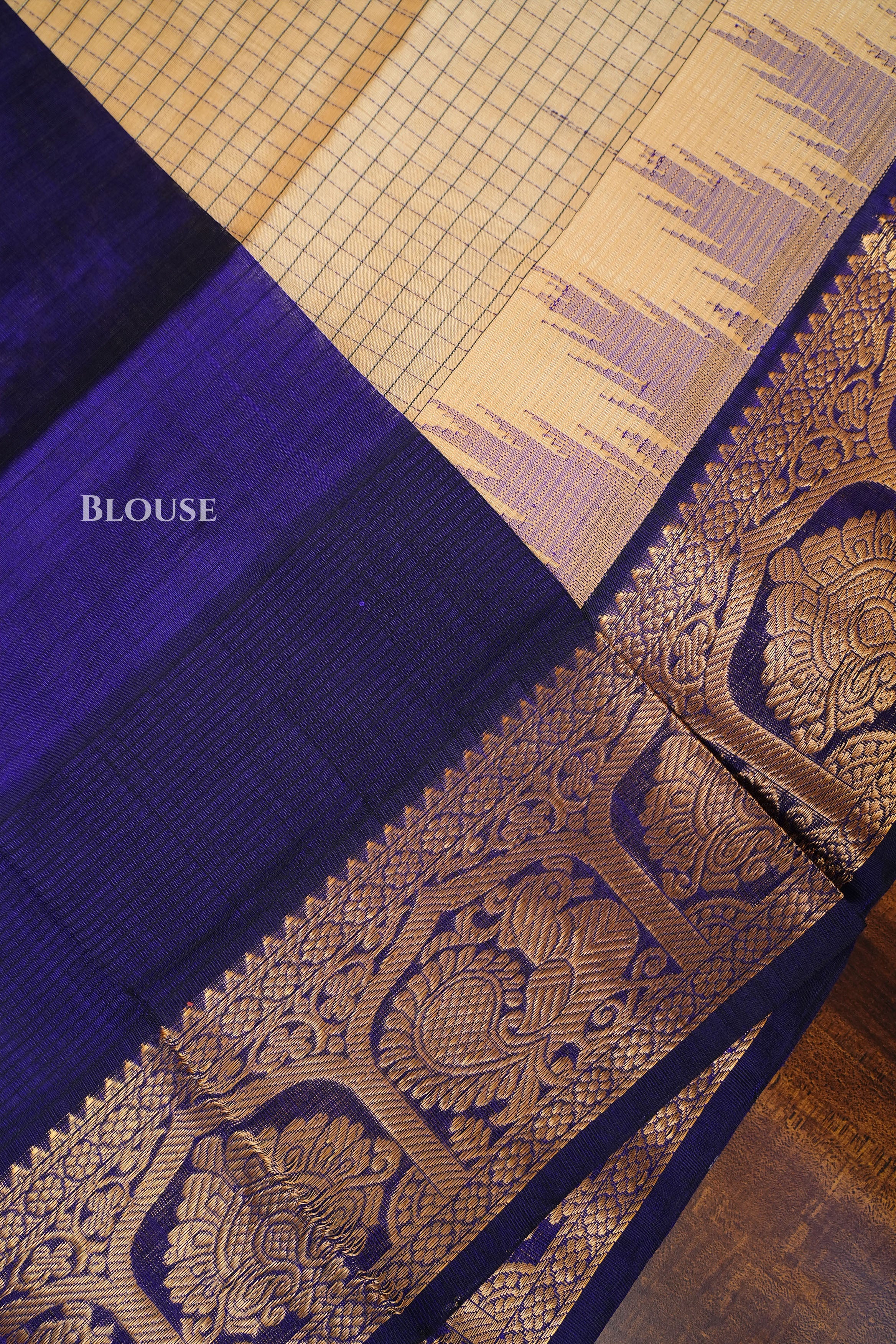 Off White With Navy Blue Pure Silk Cotton Saree