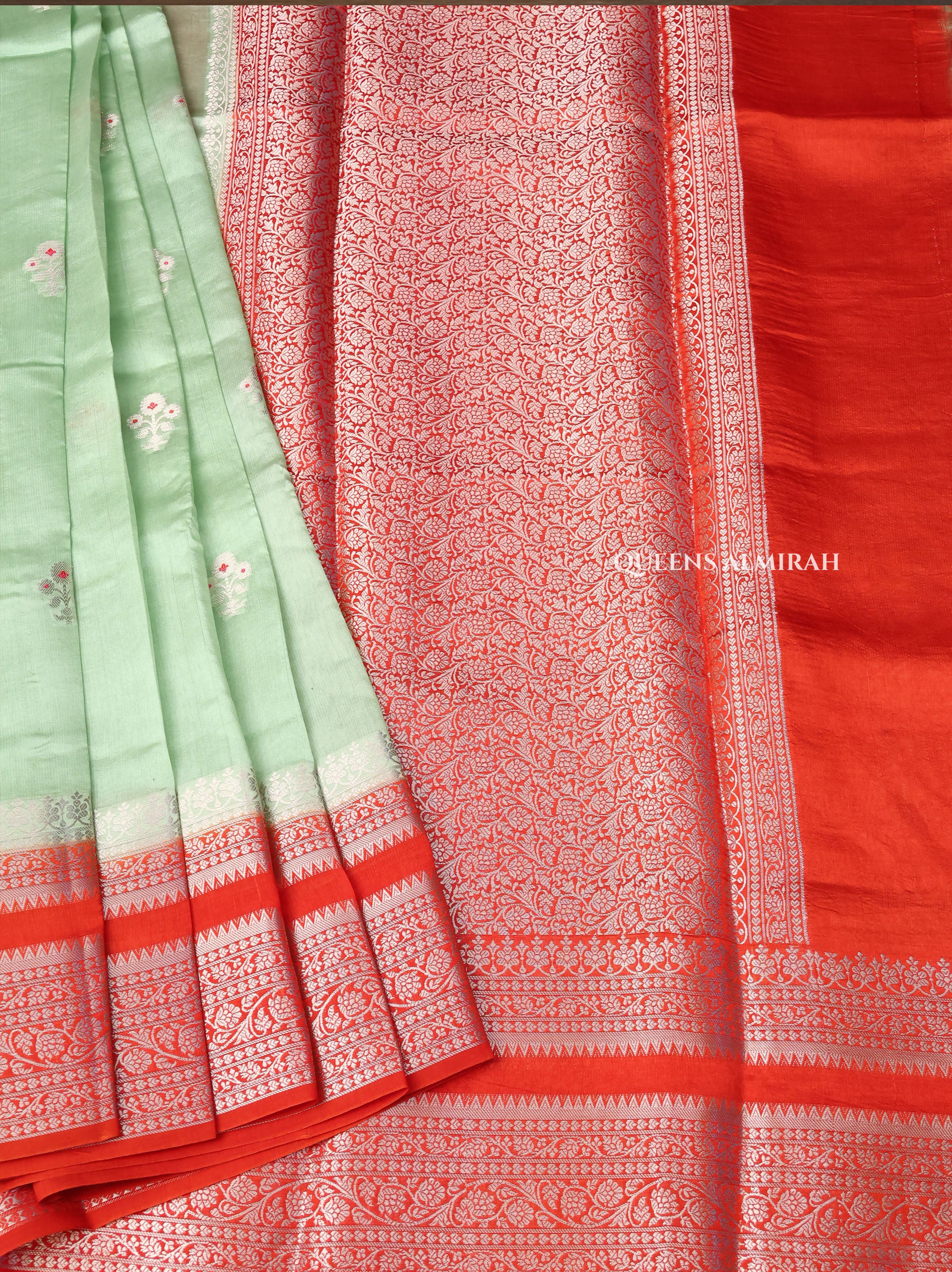 Pastel Green With Red Semi Banarasi Silk Saree