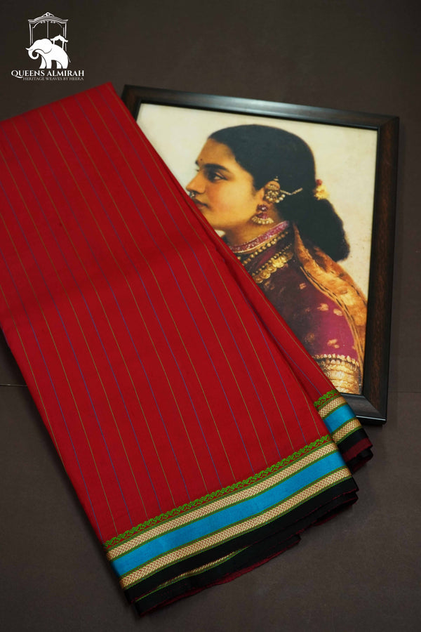 RUBY RED WITH MULTICOLOR BORDER MULBERRY SILK SAREE - Queens Jewel Emporium