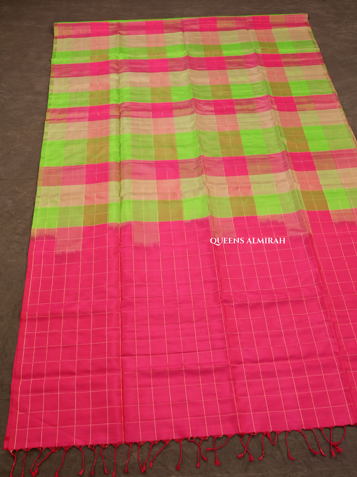 Parrot Green With Pink Checks Pure Soft Silk Saree