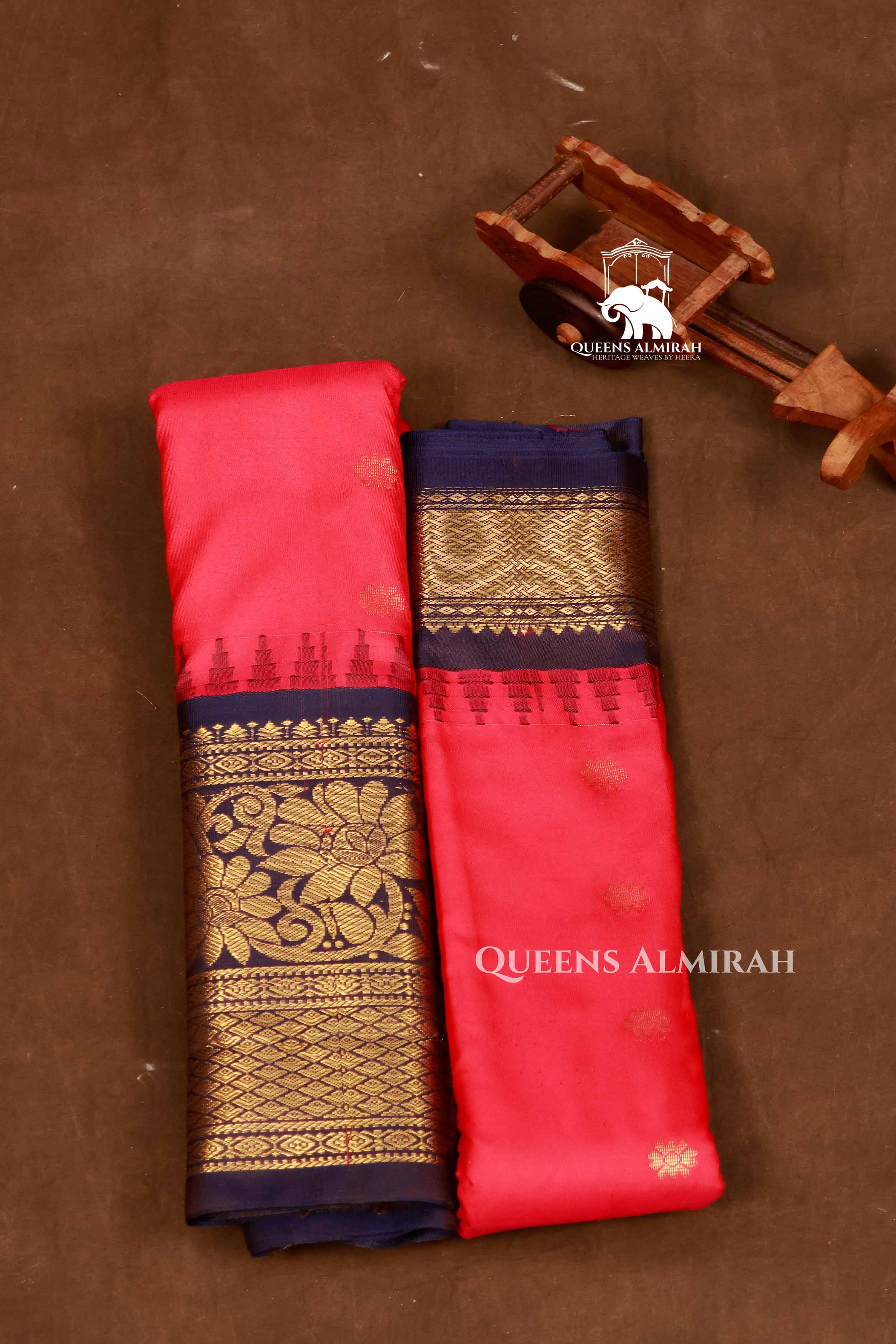 Red With Navy Blue Semi Gadwal Silk Saree