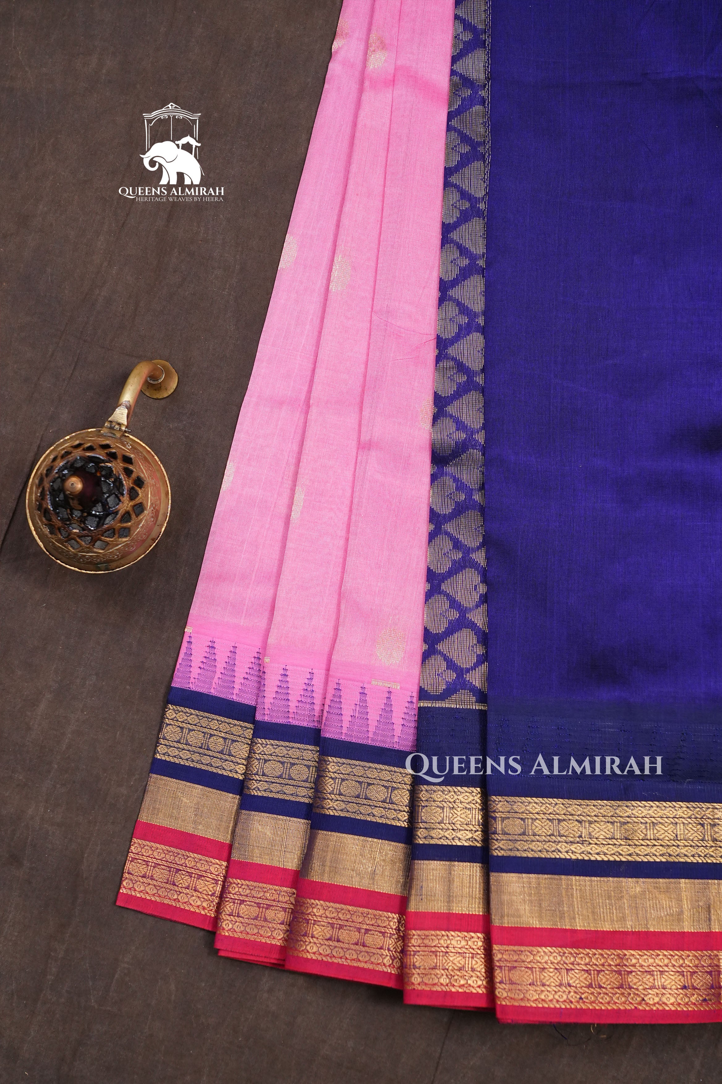 Candy Pink With Navy Blue Pure Kanchi Silk Cotton Saree