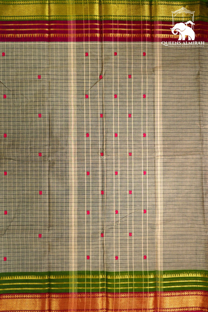 GREY OLIVE WITH GREEN & BERRY PINK KANCHI COTTON SAREE - Queens Jewel Emporium