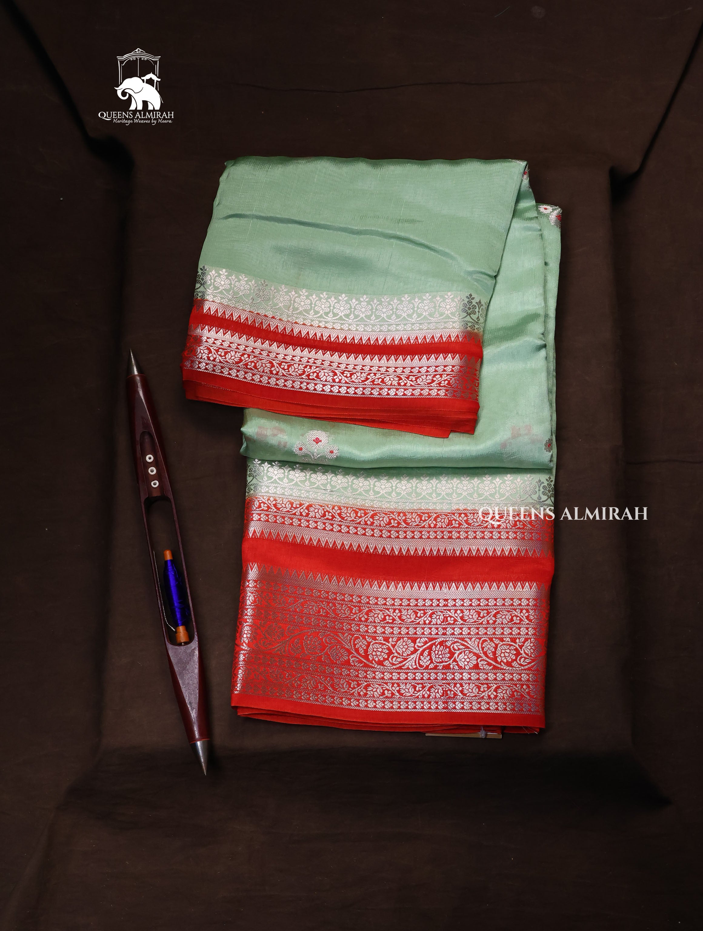Pastel Green With Red Semi Banarasi Silk Saree