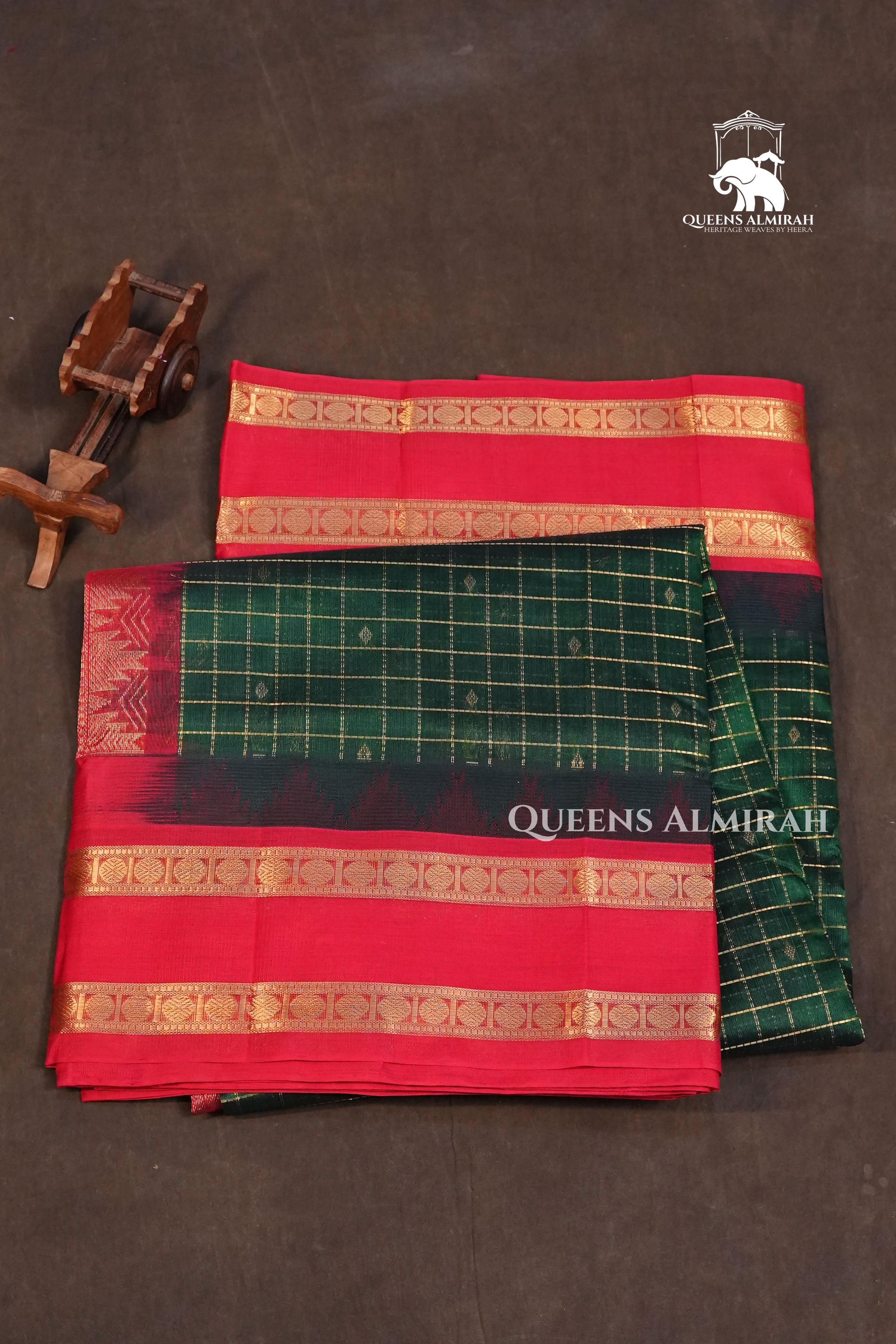 Dark Green Kattam With Red Pure Silk Cotton Saree