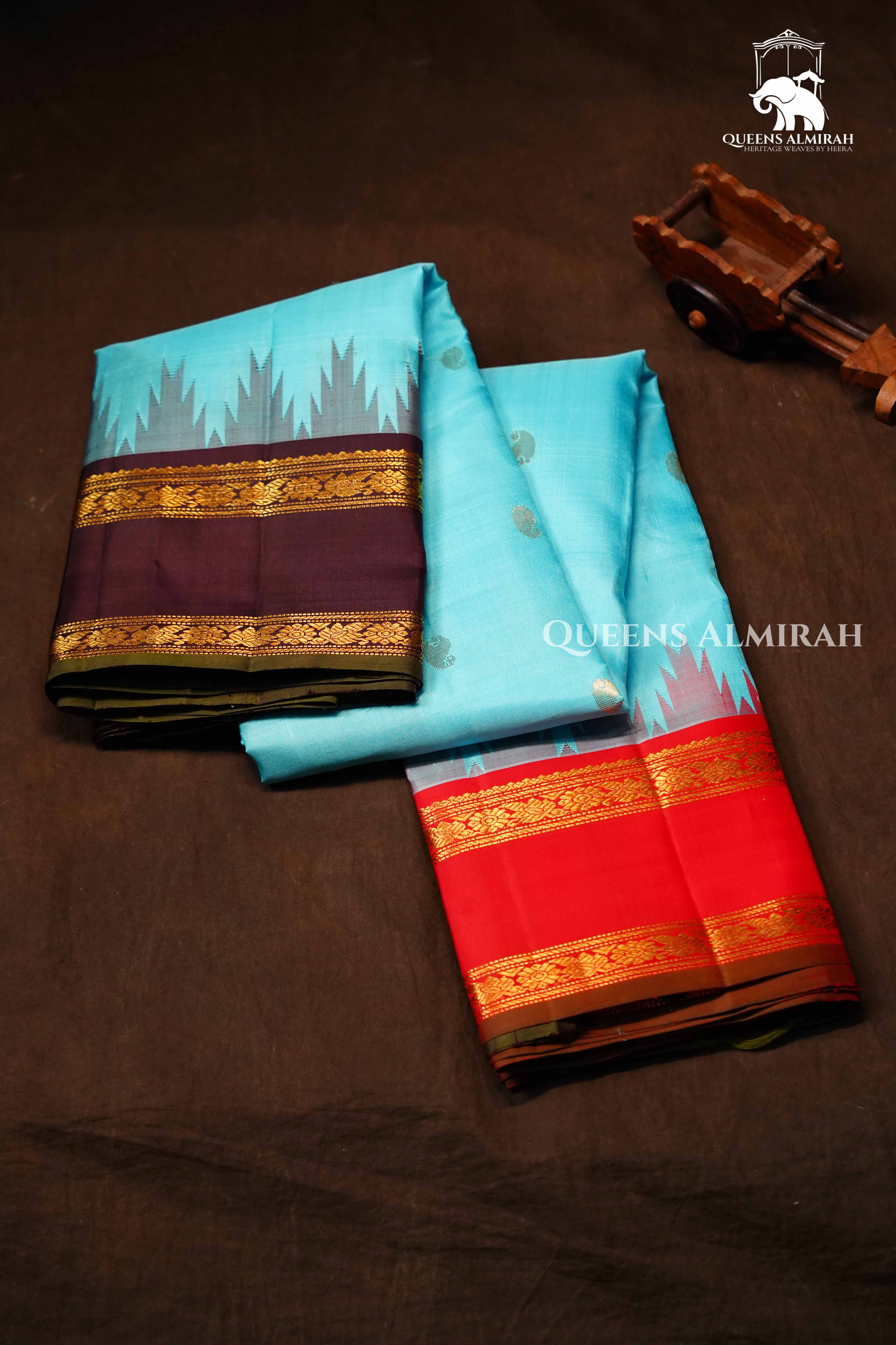 Blue With Red and Cocoa Bean Border Kanchivaram Silk Saree