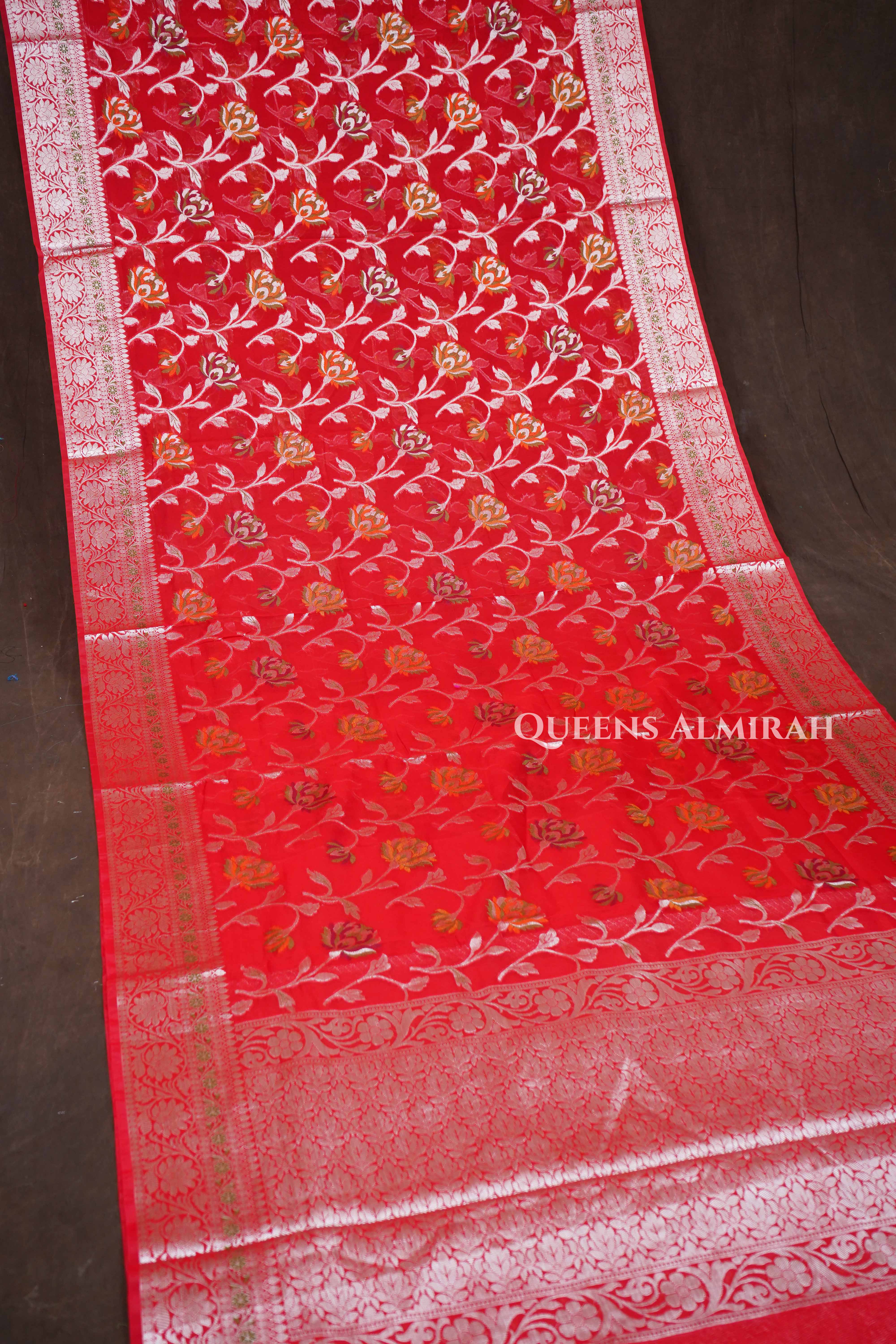 Red Semi Banarasi Silk Saree