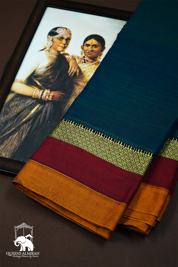 NAVY BLUE WITH BURGUNDY BORDER NARAYANPET COTTON SAREE - Queens Jewel Emporium