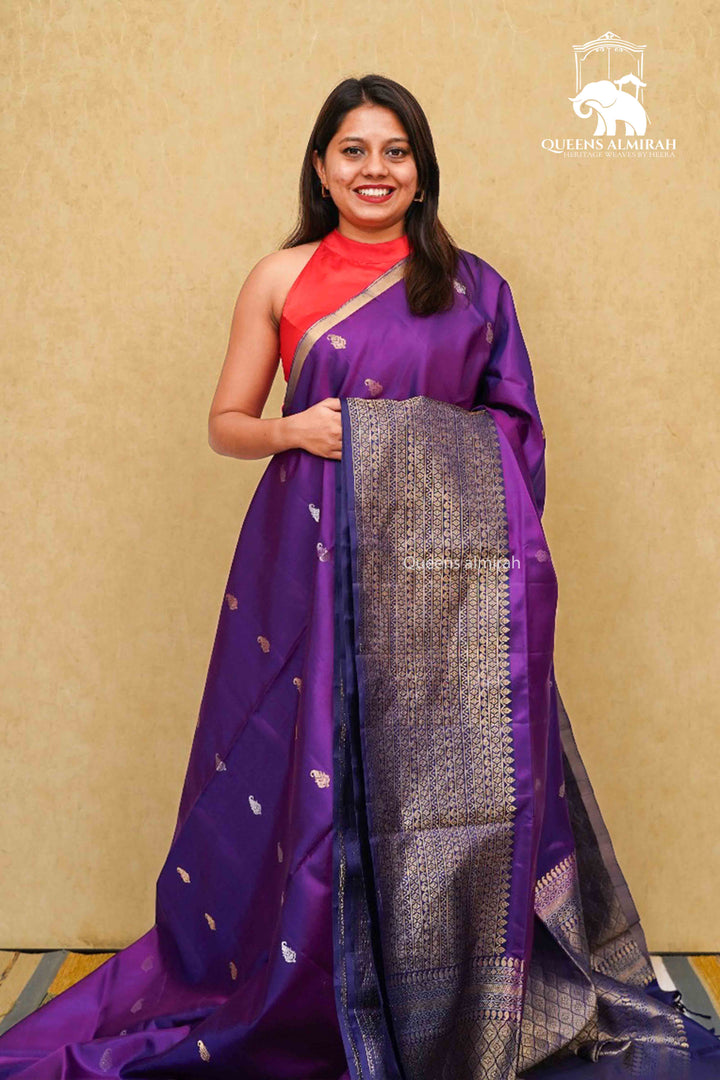 DARK PURPLE WITH WOVEN BORDER SOFT SILK SAREE - Queens Jewel Emporium
