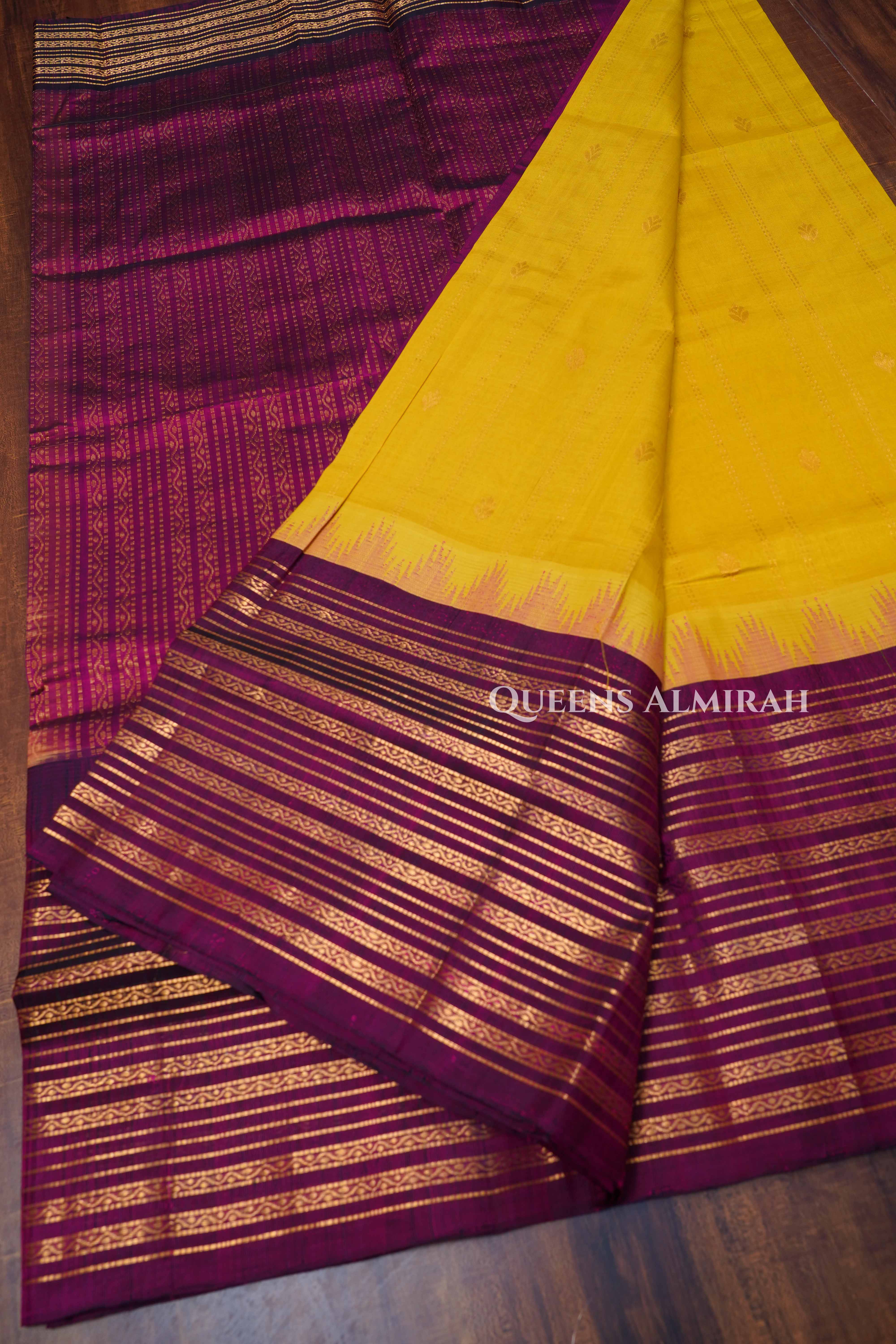 Mango Yellow With Purple Long Border Pure Kanchi Silk Cotton Saree