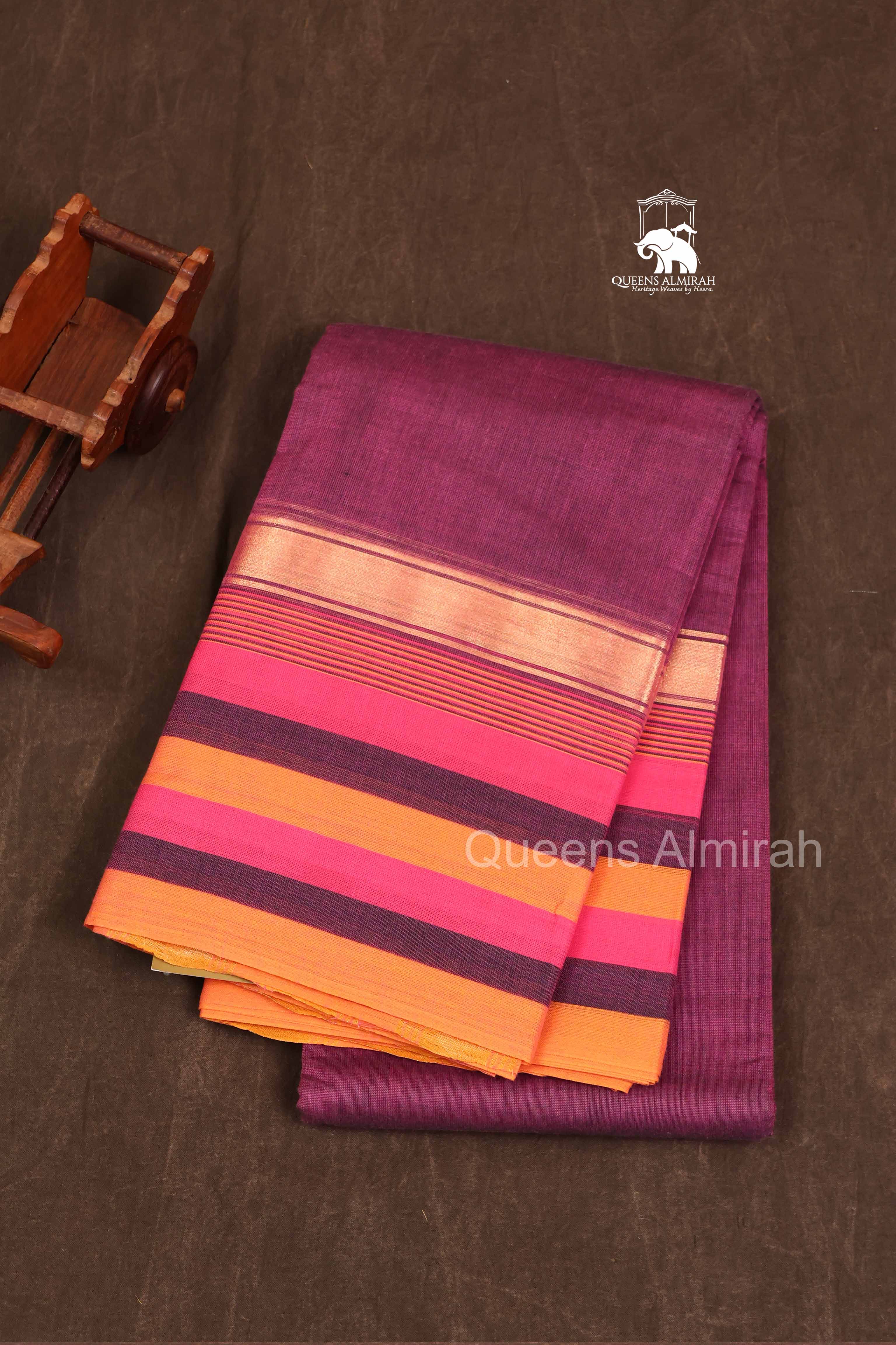 Purple With Multicolor Border Chettinad Cotton Saree