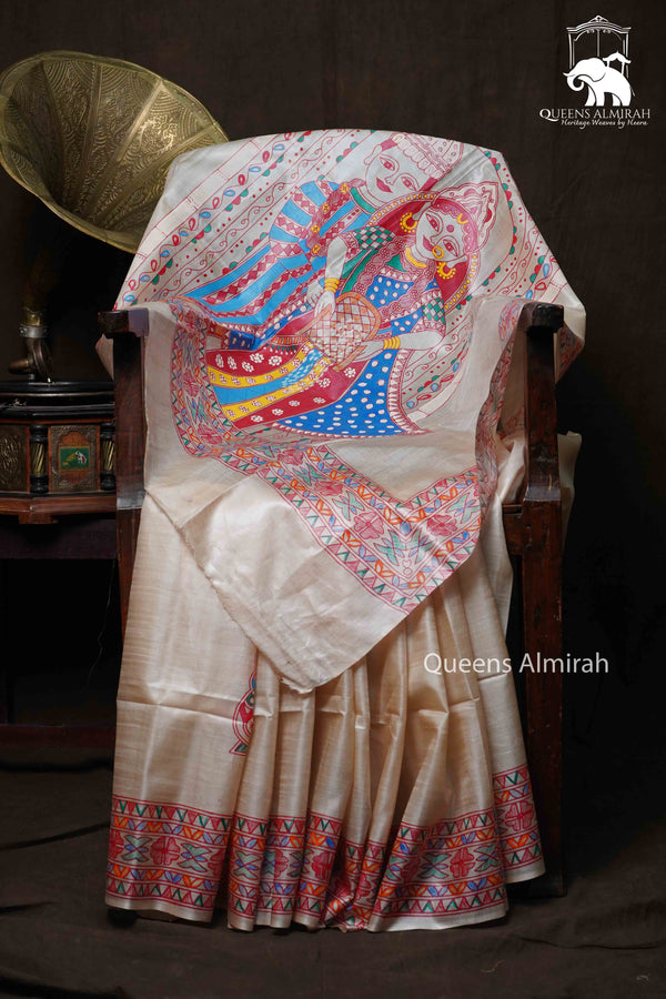OFF WHITE MADHUBANI HAND PAINTED PURE TUSSAR SILK SAREE 15 - Queens Jewel Emporium
