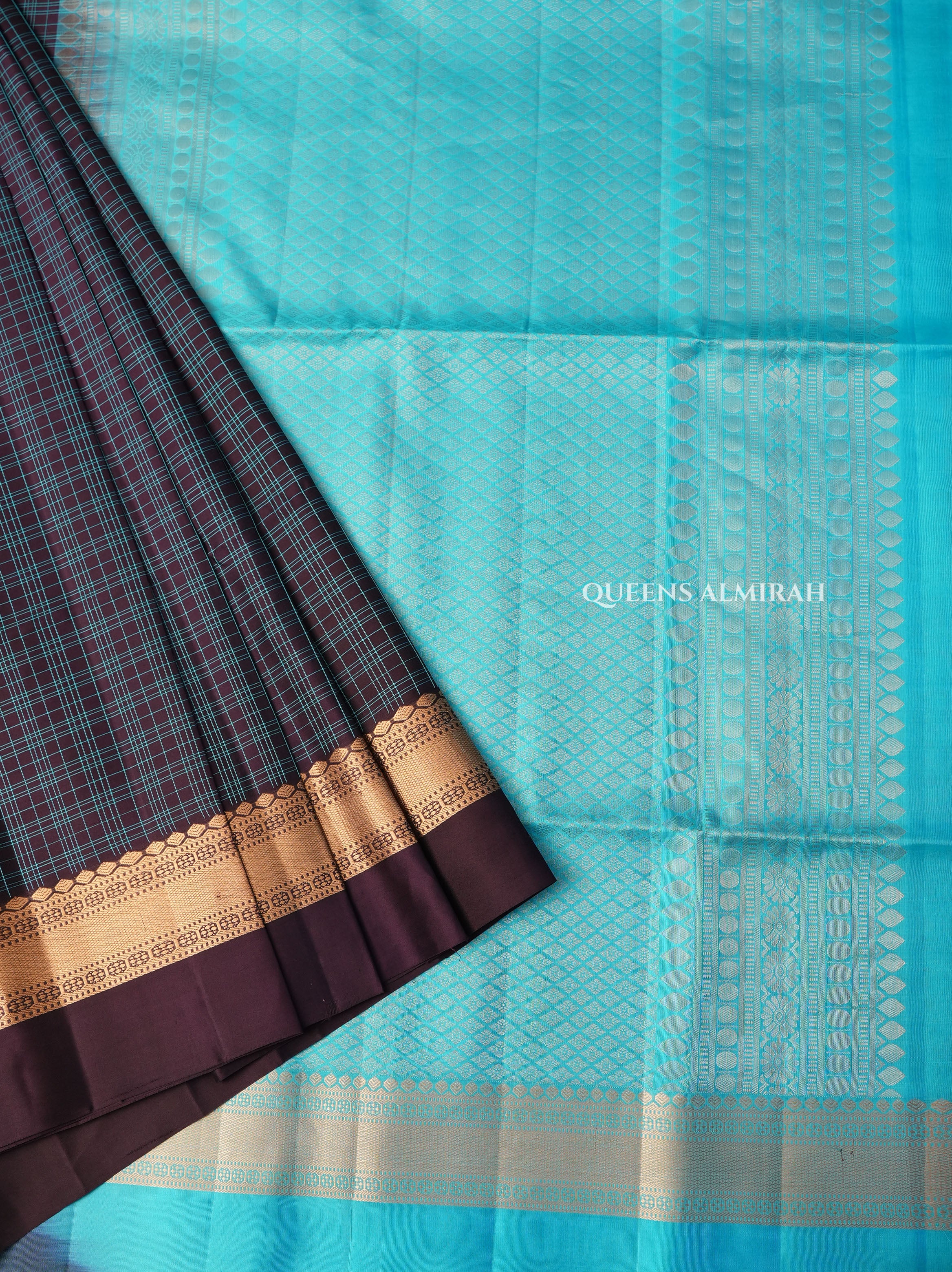 Dark Burgundy With Blue Checks Pure Soft Silk Saree