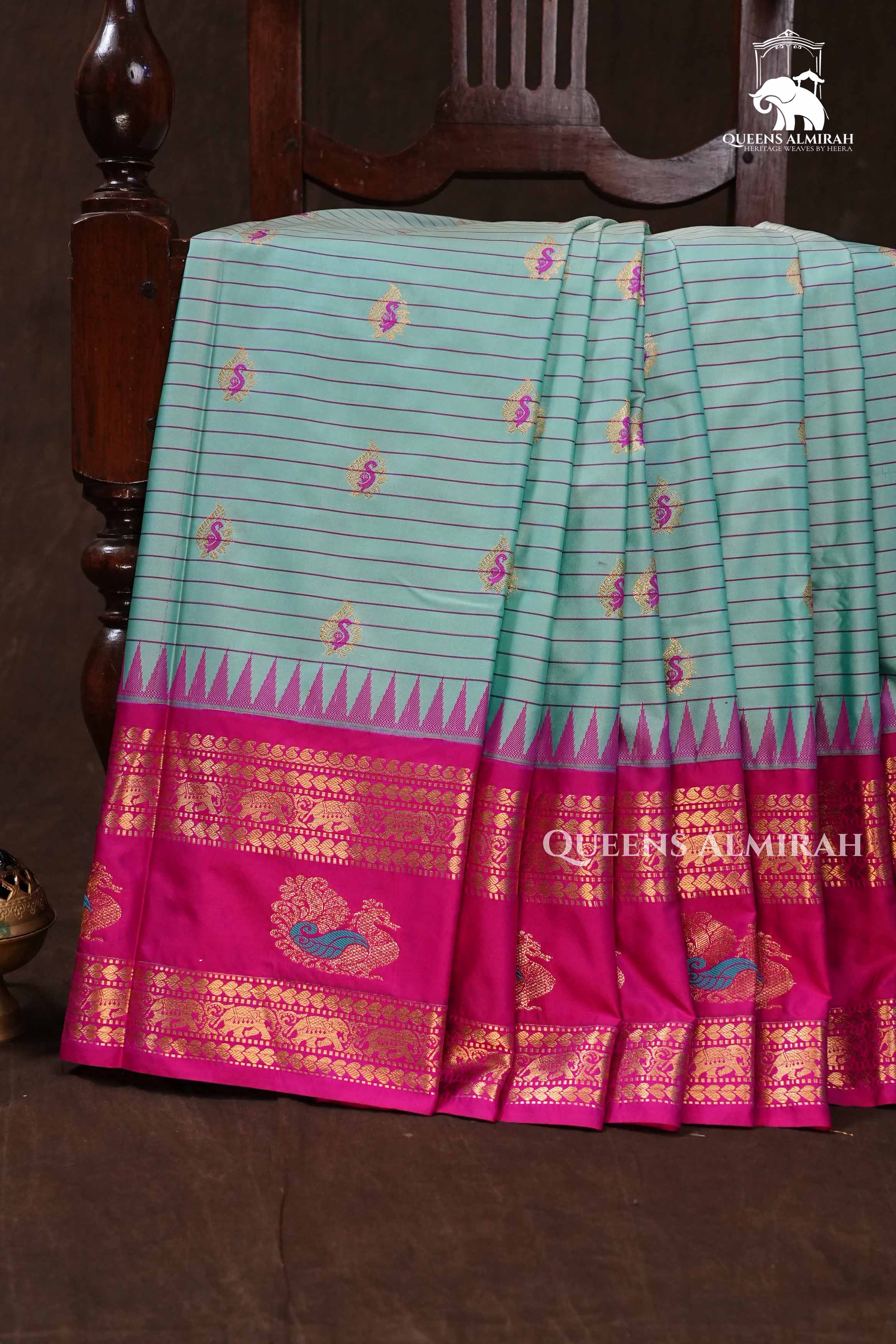 Sea Blue With Pink Semi Gadwal silk Saree
