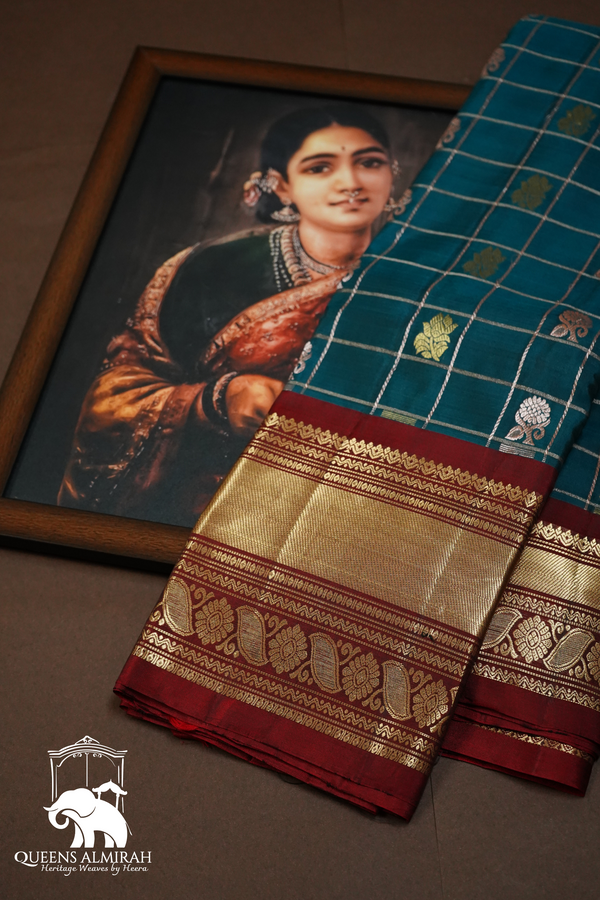 BLUE DIANE WITH WINE BERRY PURE  KANCHIVARAM SILK SAREE - Queens Jewel Emporium