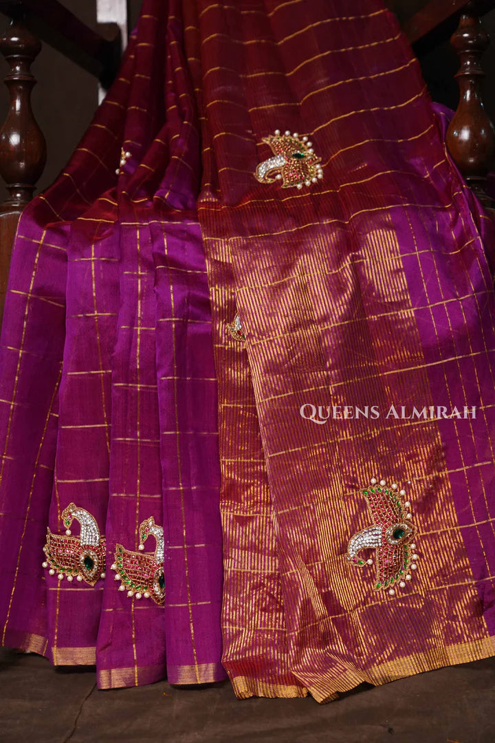 Purple Maya Pakshi Designer Pure Chanderi Silk Saree