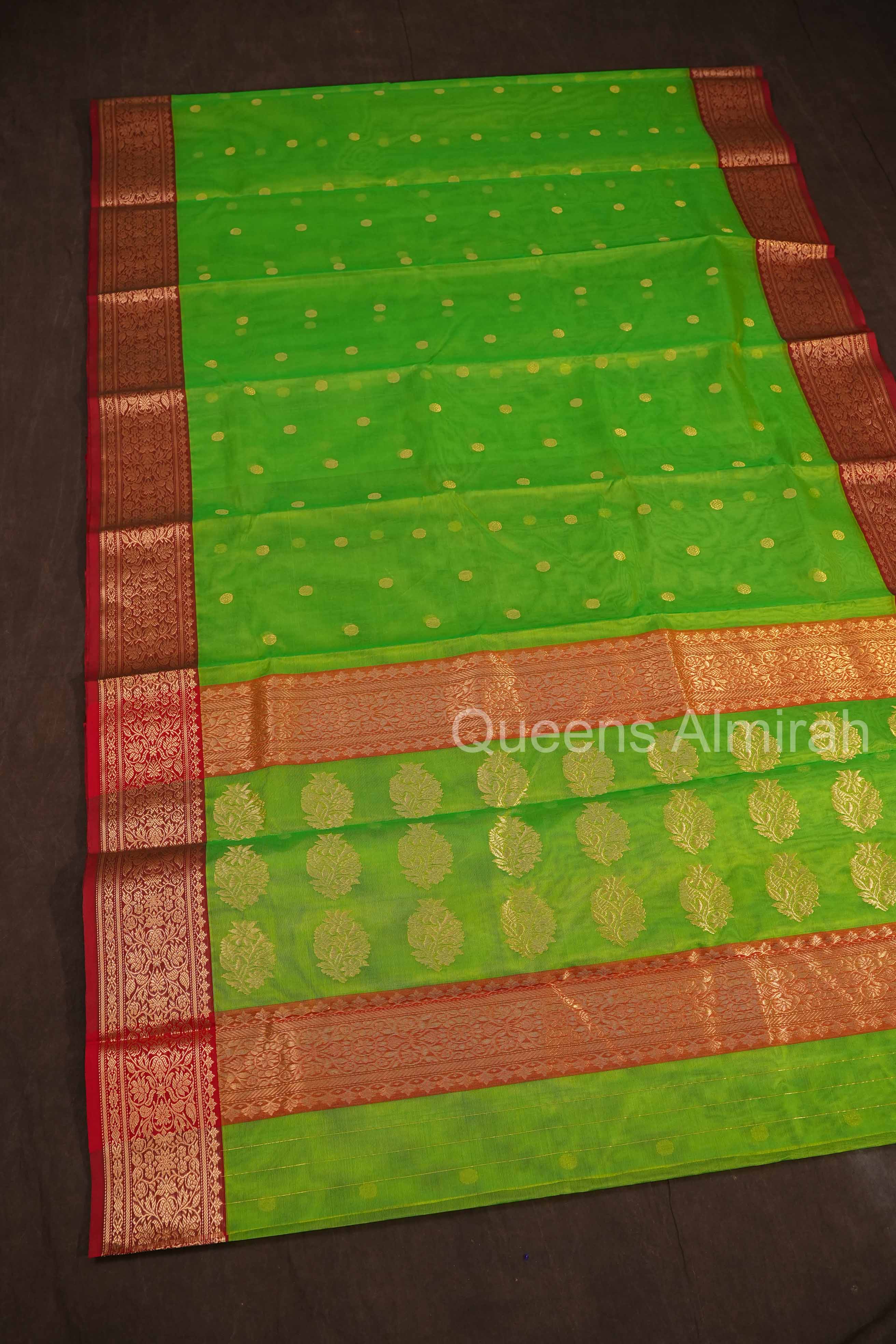 Parrot Green With Red Chanderi Katan Silk Handloom Saree