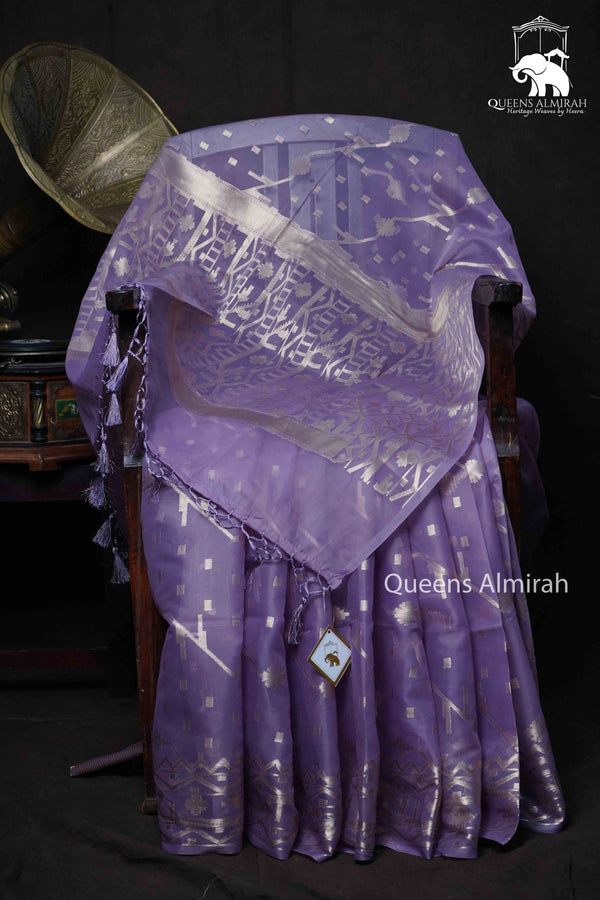 PURPLE GREY MUSLIN JAMDANI SAREE - Queens Jewel Emporium