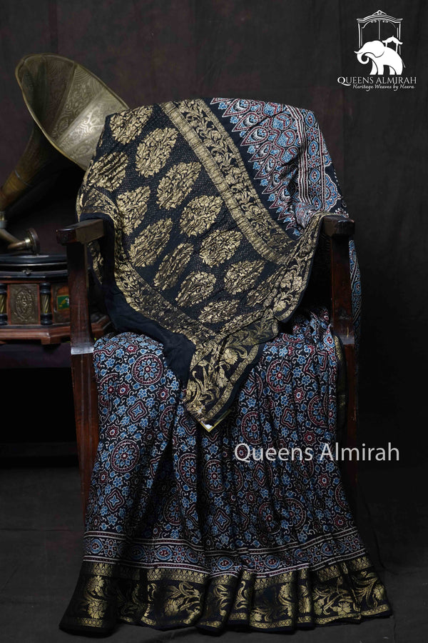 BLACK DOLA AJARAKH SILK SAREE 7