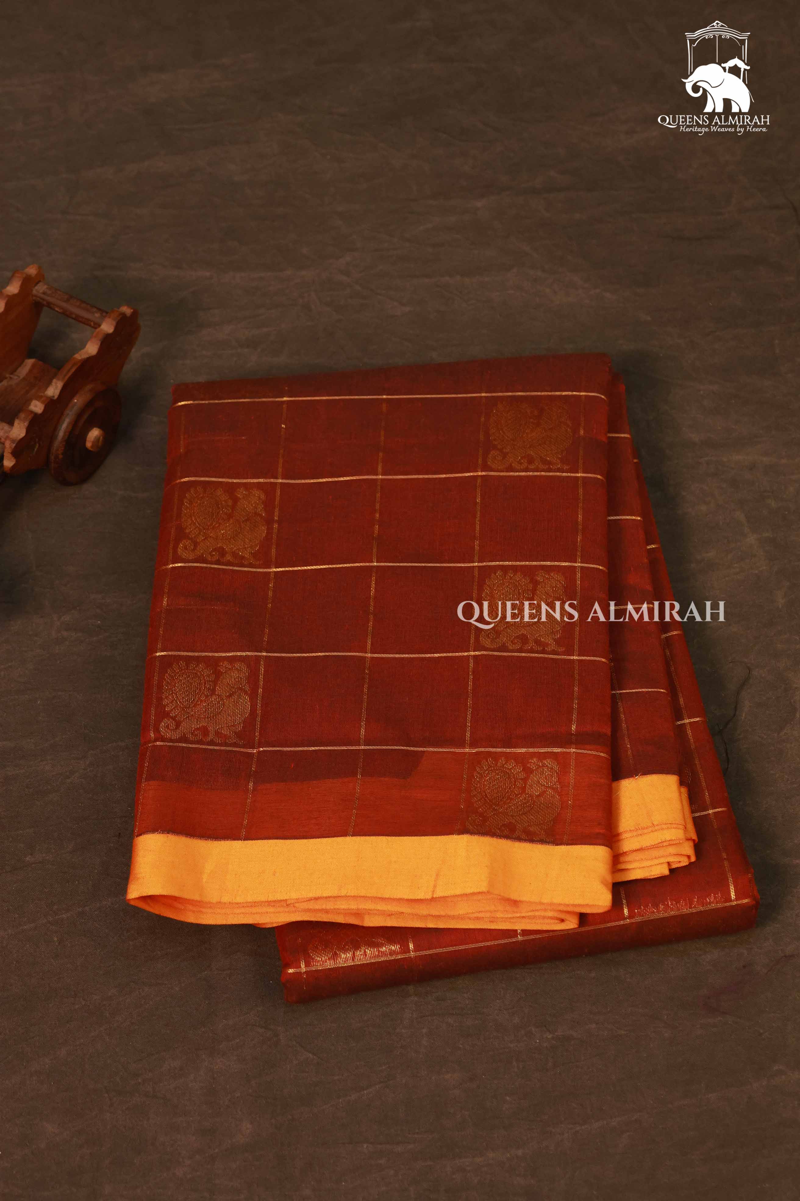 Maroon Kattam With Peacock Butta Kanchi Cotton Saree