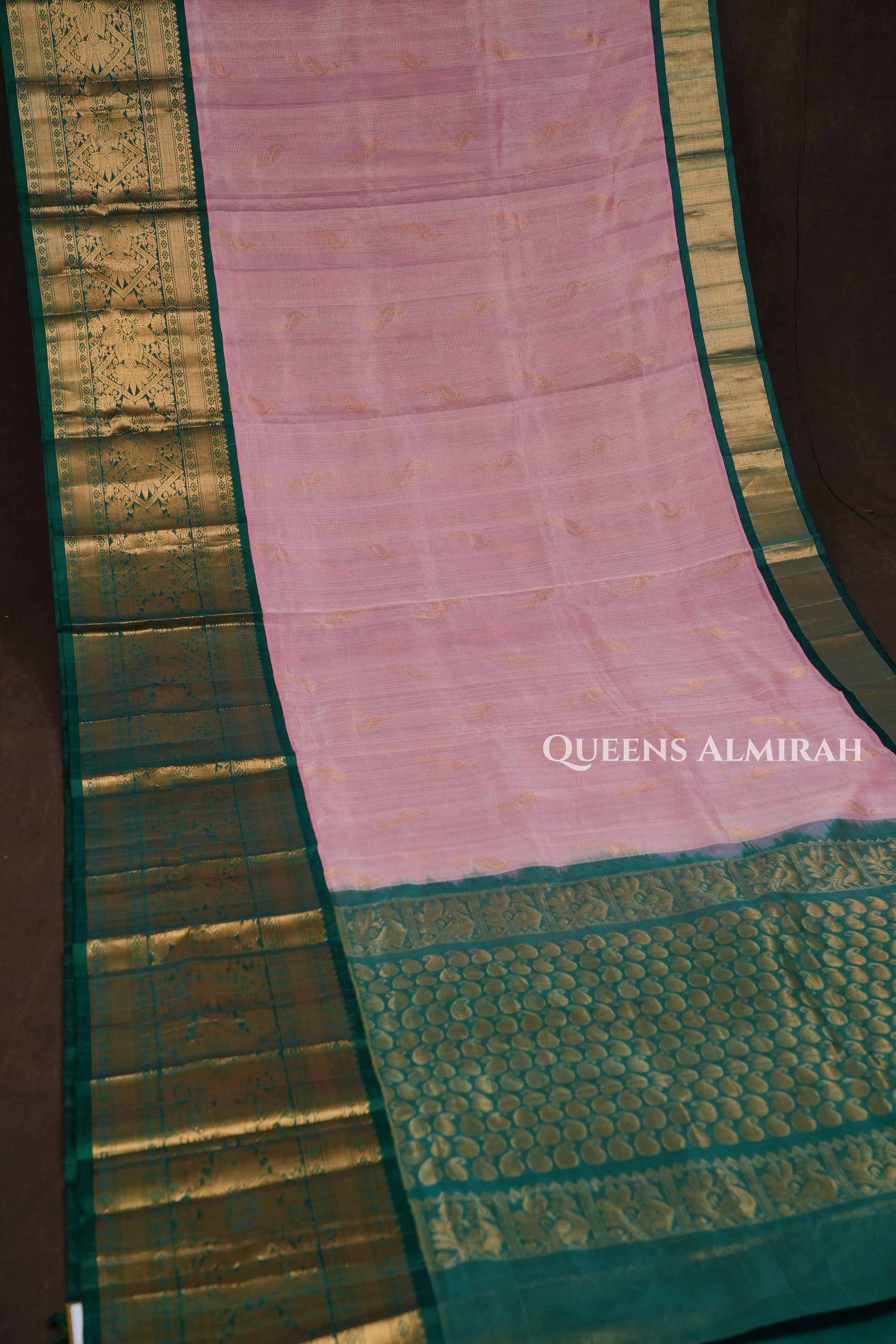 Rose Milk Pink With Green Pure Kanchi Silk Cotton Saree