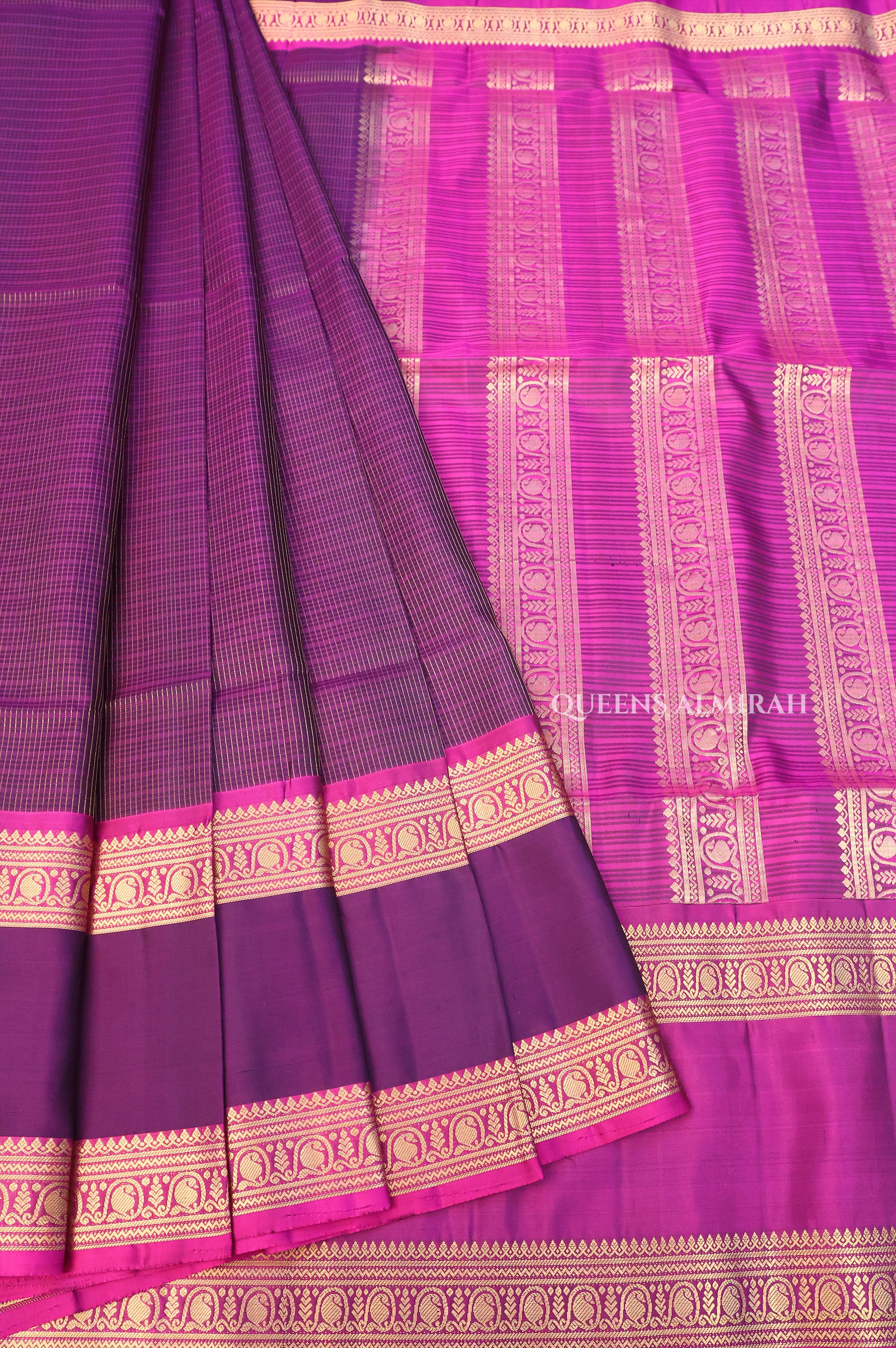 Deep Wine With Magenta Pink Rettapetta Border Payadi Pure Soft Silk Saree