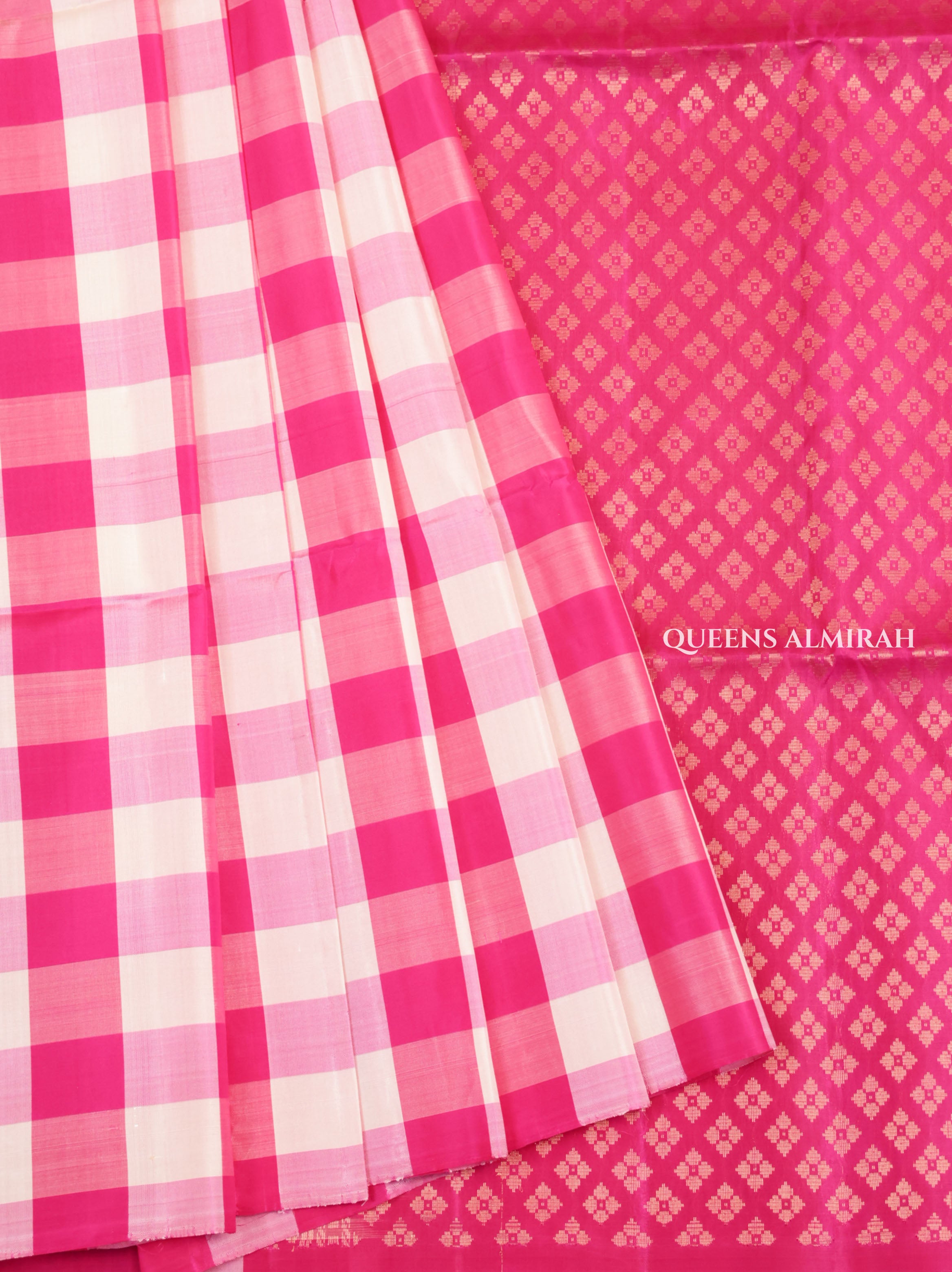 White With Pink Checks Pure Soft Silk Saree