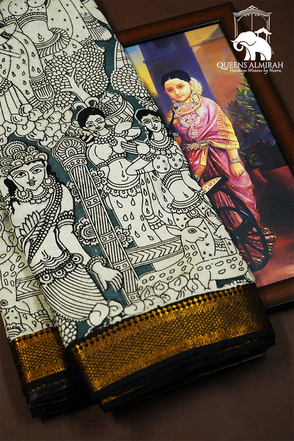 TEAL GREEN WITH  GOLDEN BORDER MANGALGIRI SAREE - Queens Jewel Emporium