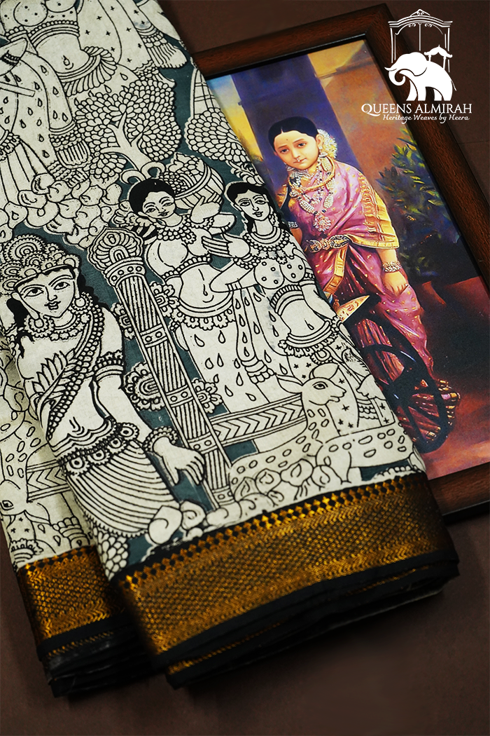 TEAL GREEN WITH  GOLDEN BORDER MANGALGIRI SAREE - Queens Jewel Emporium