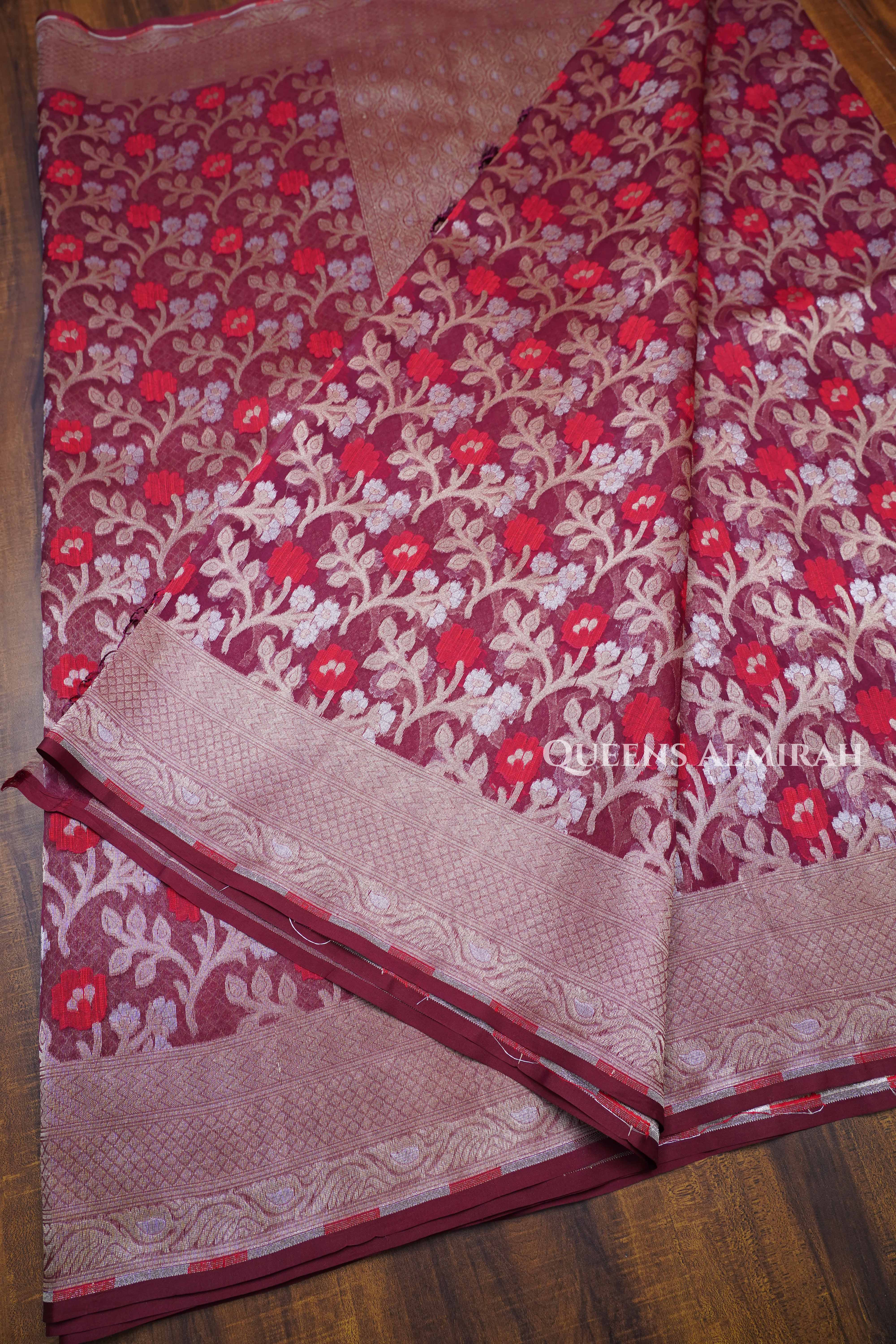 Red Wine Banarasi Organza Silk Saree