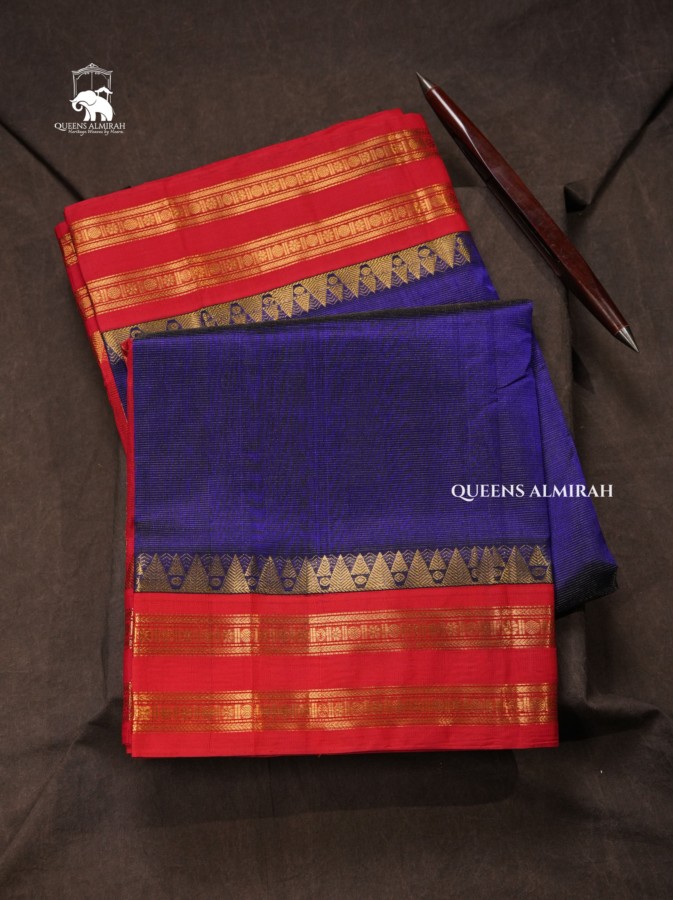 Navy Blue With Red  Pure Silk Cotton Saree