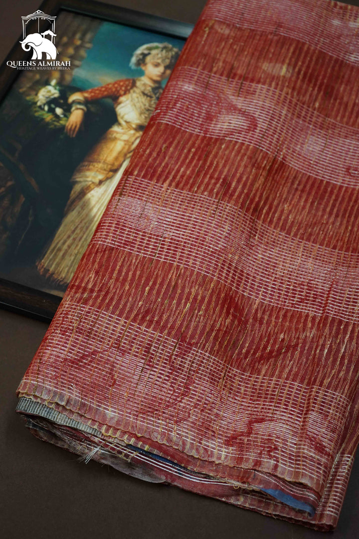 BROWN RUST MARBLE PRINT GHICHA ORGANZA SAREE - Queens Jewel Emporium
