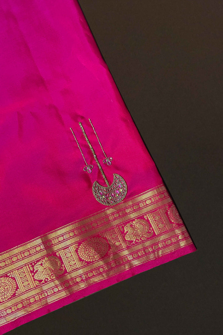 MANGO YELLOW WITH BERRY PINK SOFT SILK SAREE - Queens Jewel Emporium