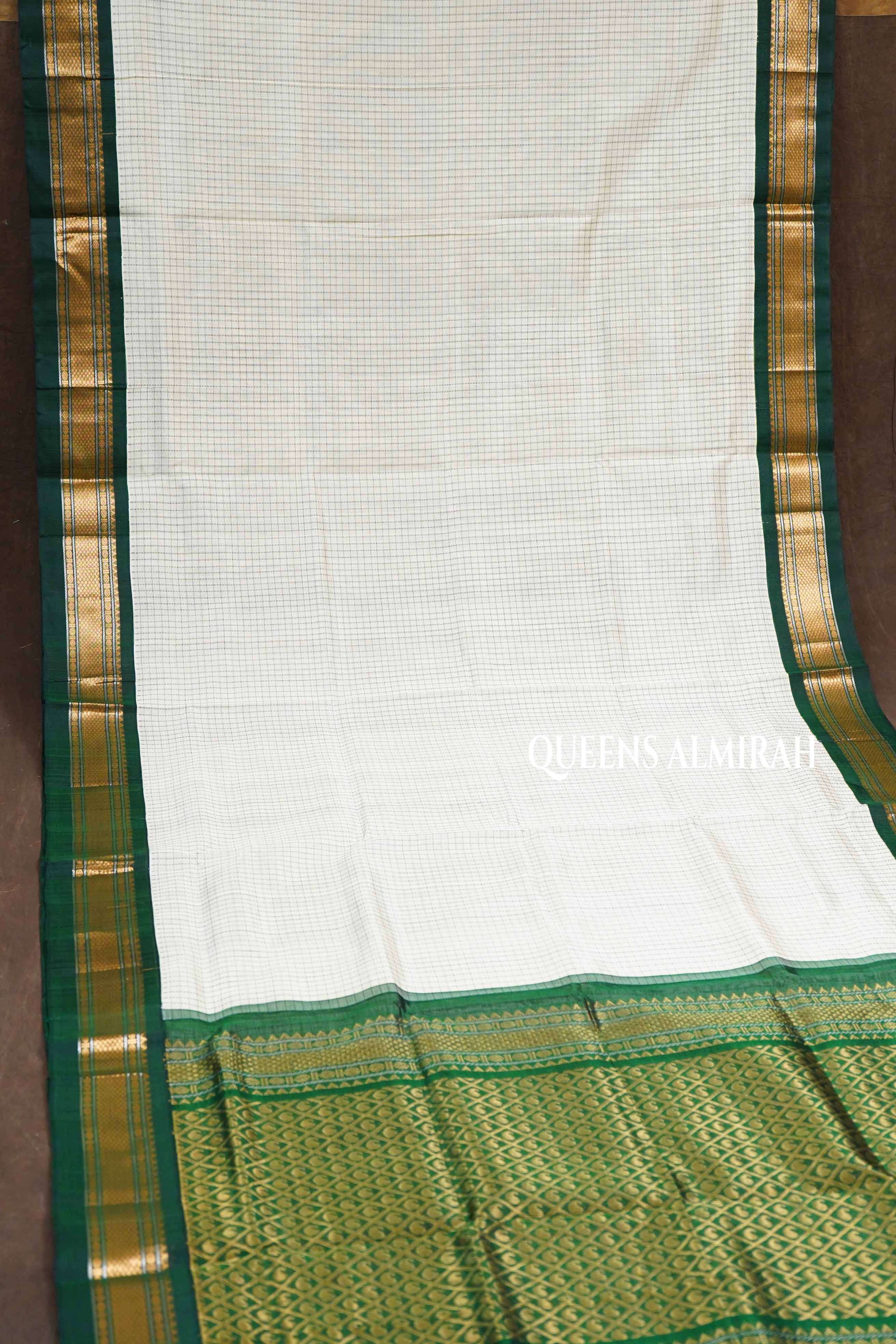 White Kattam With Green Pure Silk Cotton Saree