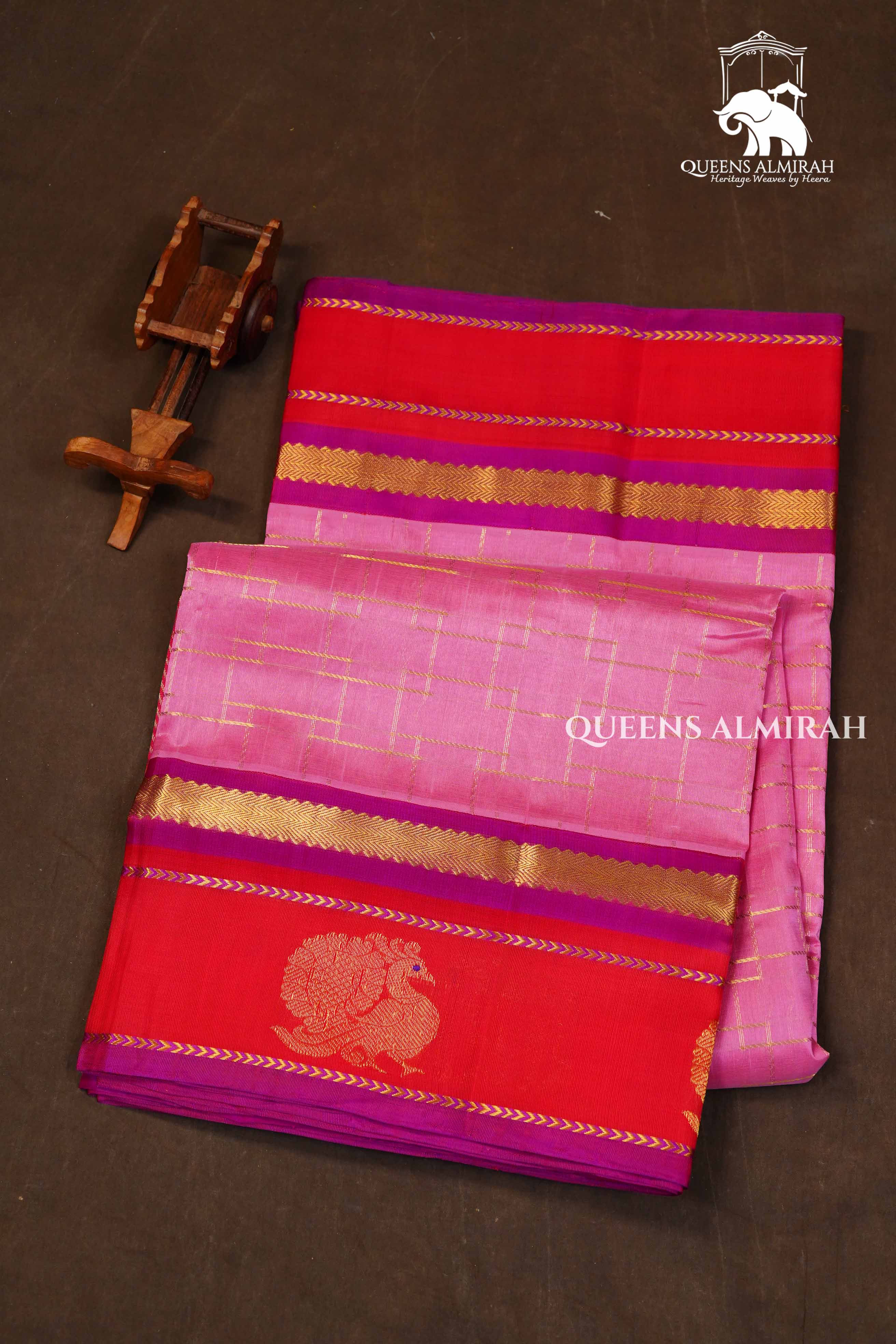 Rose Milk Pink With Red Peacock Border Pure Silk Cotton Saree