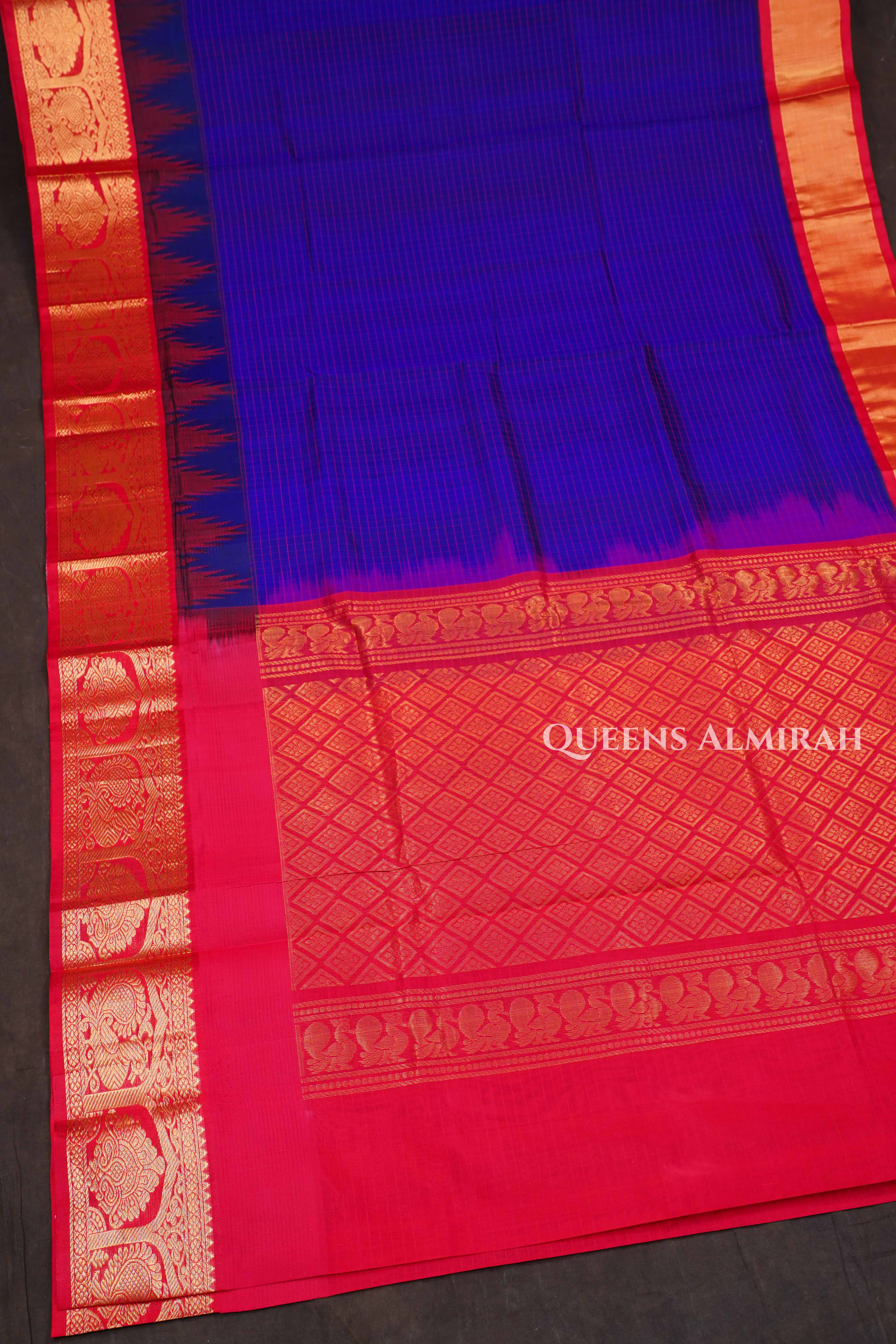 Dark Navy Blue With Red  Pure Kanchi Silk Cotton Saree
