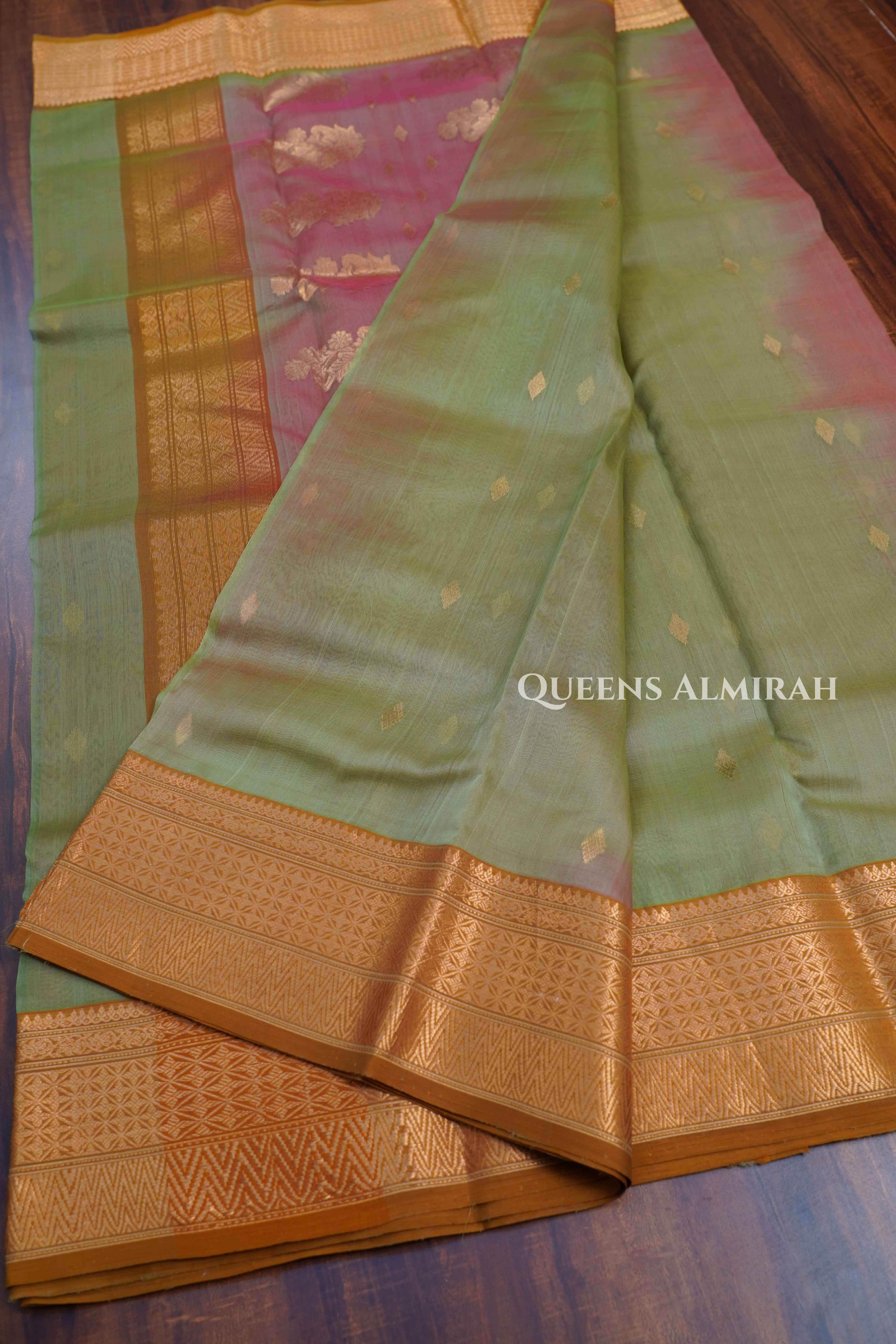 Olive Green With Red Chanderi Katan Silk Handloom Saree