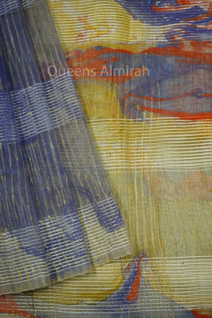 DUSKY BLUE MARBLE PRINT GHICHA ORAGANZA SAREE - Queens Jewel Emporium