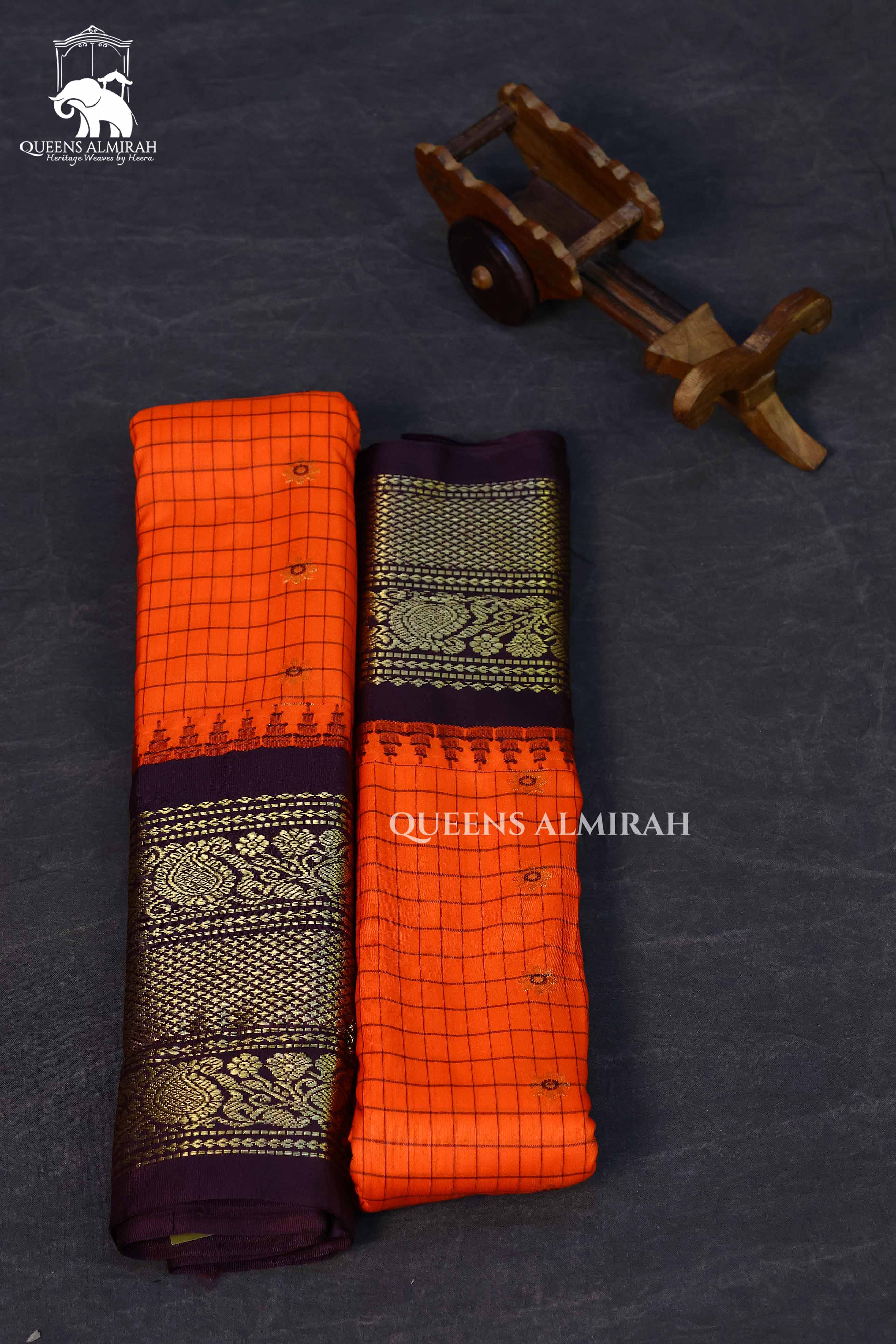 Orange Kattam With Brown Semi Gadwal Silk Saree