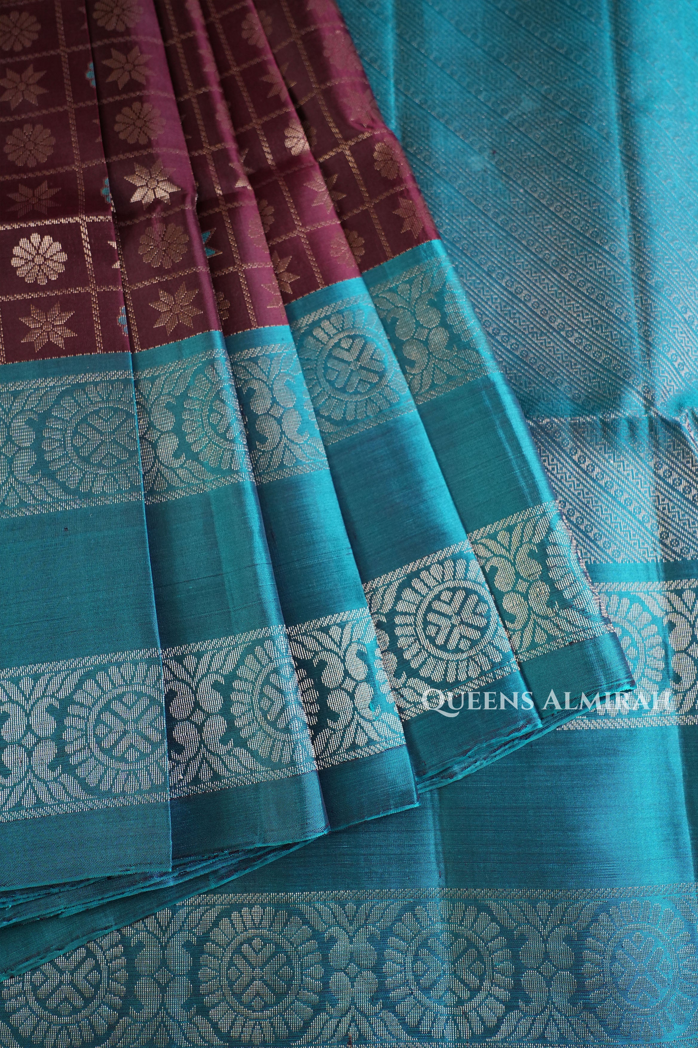 Cocoa Bean With Sea Blue Pure Soft Silk Saree